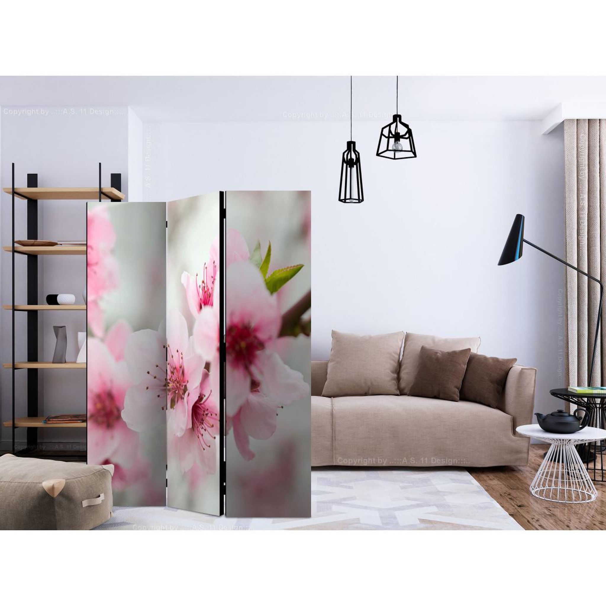 Voir la diapositive 2 : Paris Prix Paravent 3 volets  spring blooming tree pink flowers  135x172cm