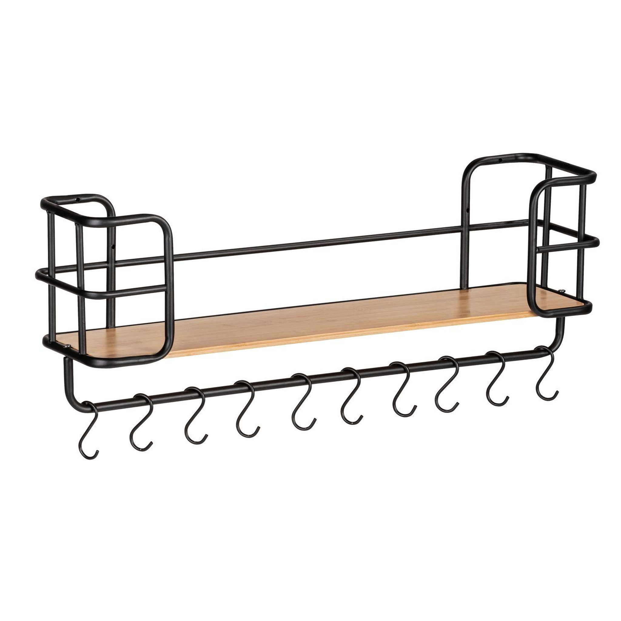 Wenko Etagère murale loft avec tablette et 10 crochets - en métal et bambou - noir et marron
