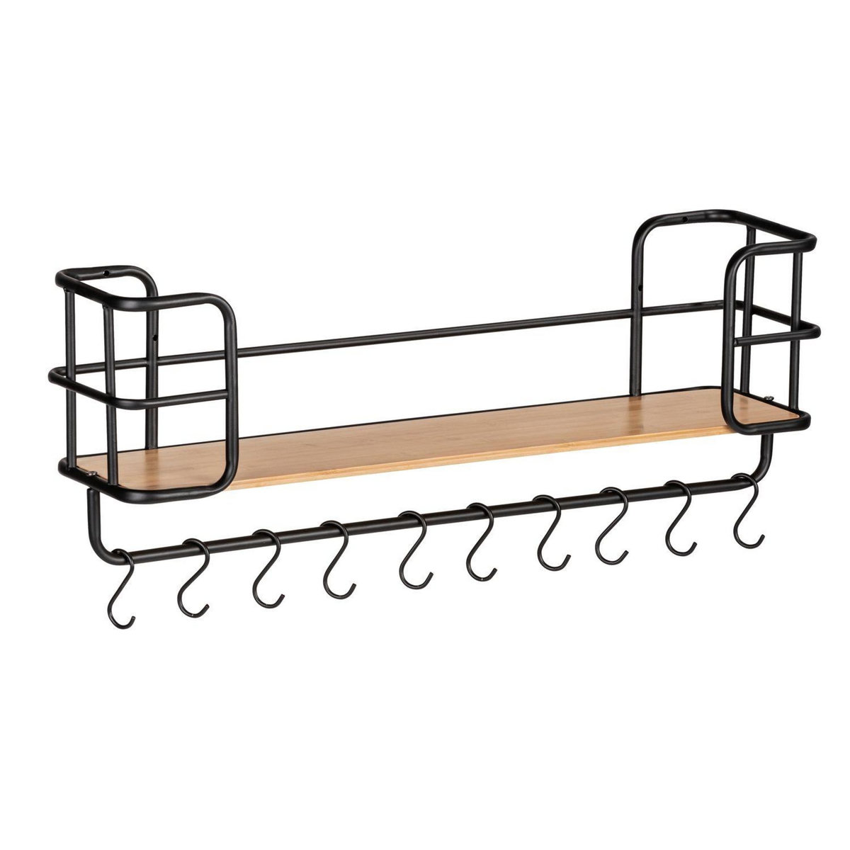 Wenko Etagère murale Loft avec tablette et 10 crochets - en Métal et Bambou - Noir et marron