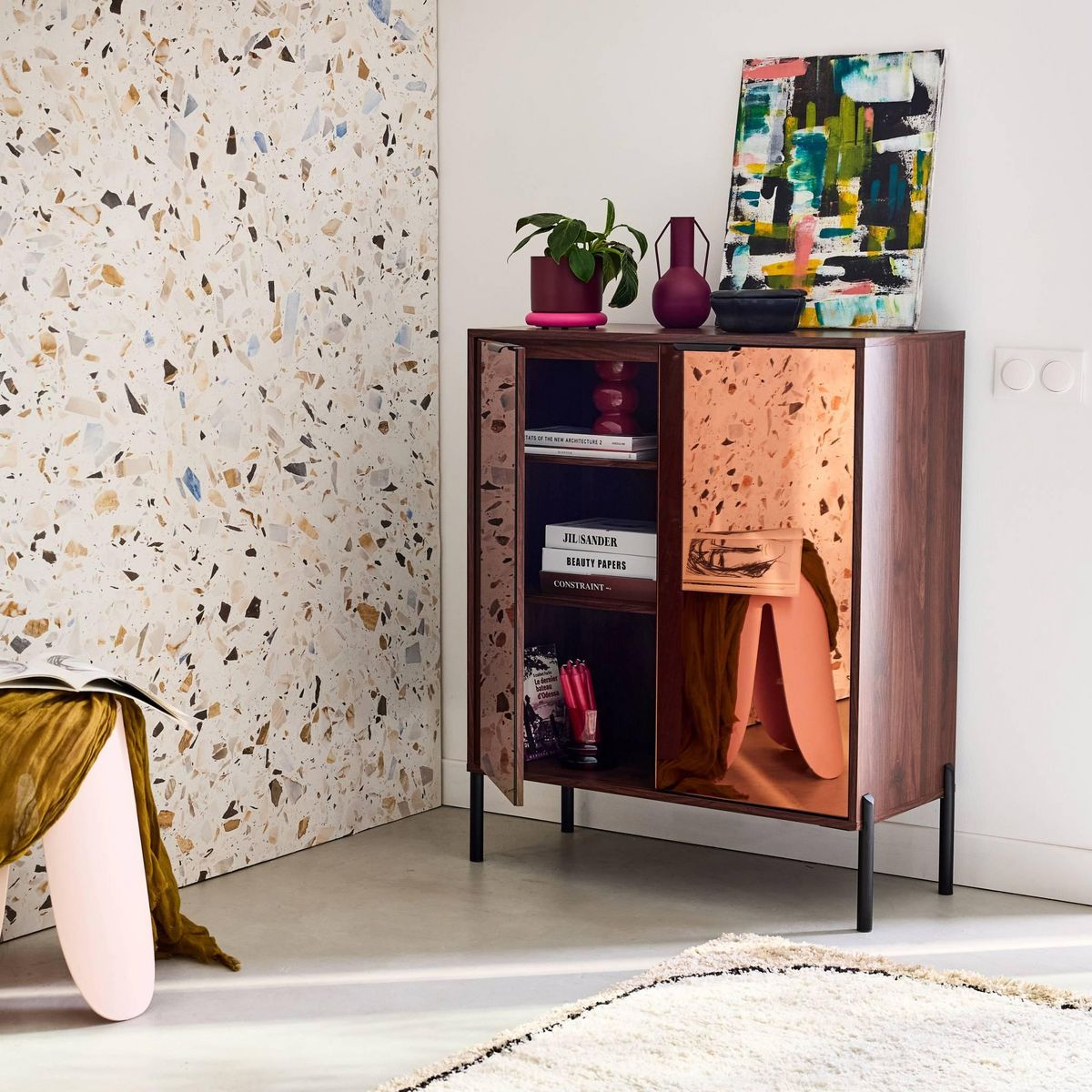 SWEEEK Buffet vintage effet bois de noyer. buffet haut. vaisselier. deux portes vitrées aspect fumé. L 83 x 38 x 100cm