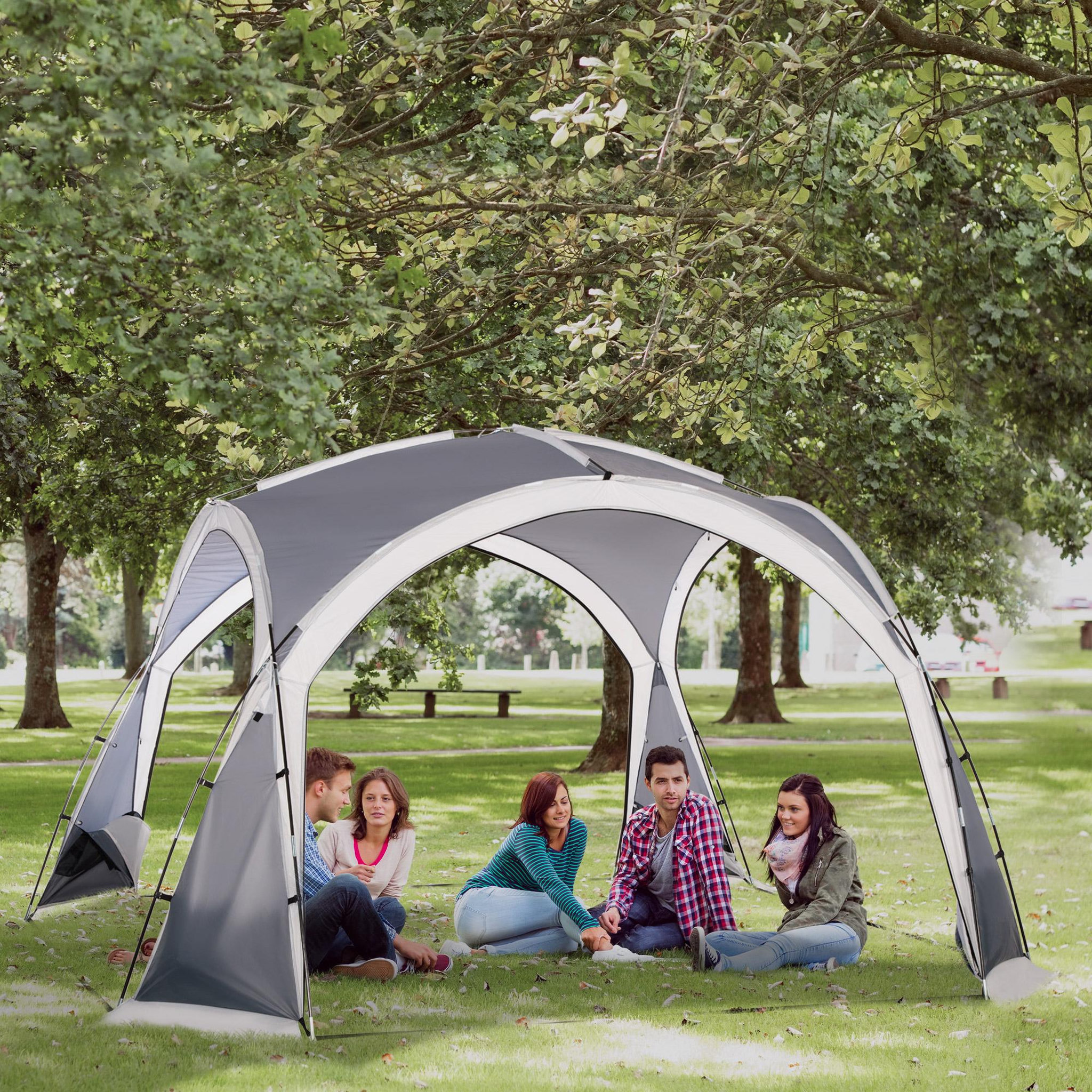 Voir la diapositive 2 : OUTSUNNY Tente de camping dôme familiale 6-8 personnes - 4 portes en filet zippées, tissu oxford amovible, crochet lampe, sac de transport - dim. 350l x 350l x 230h cm - blanc gris