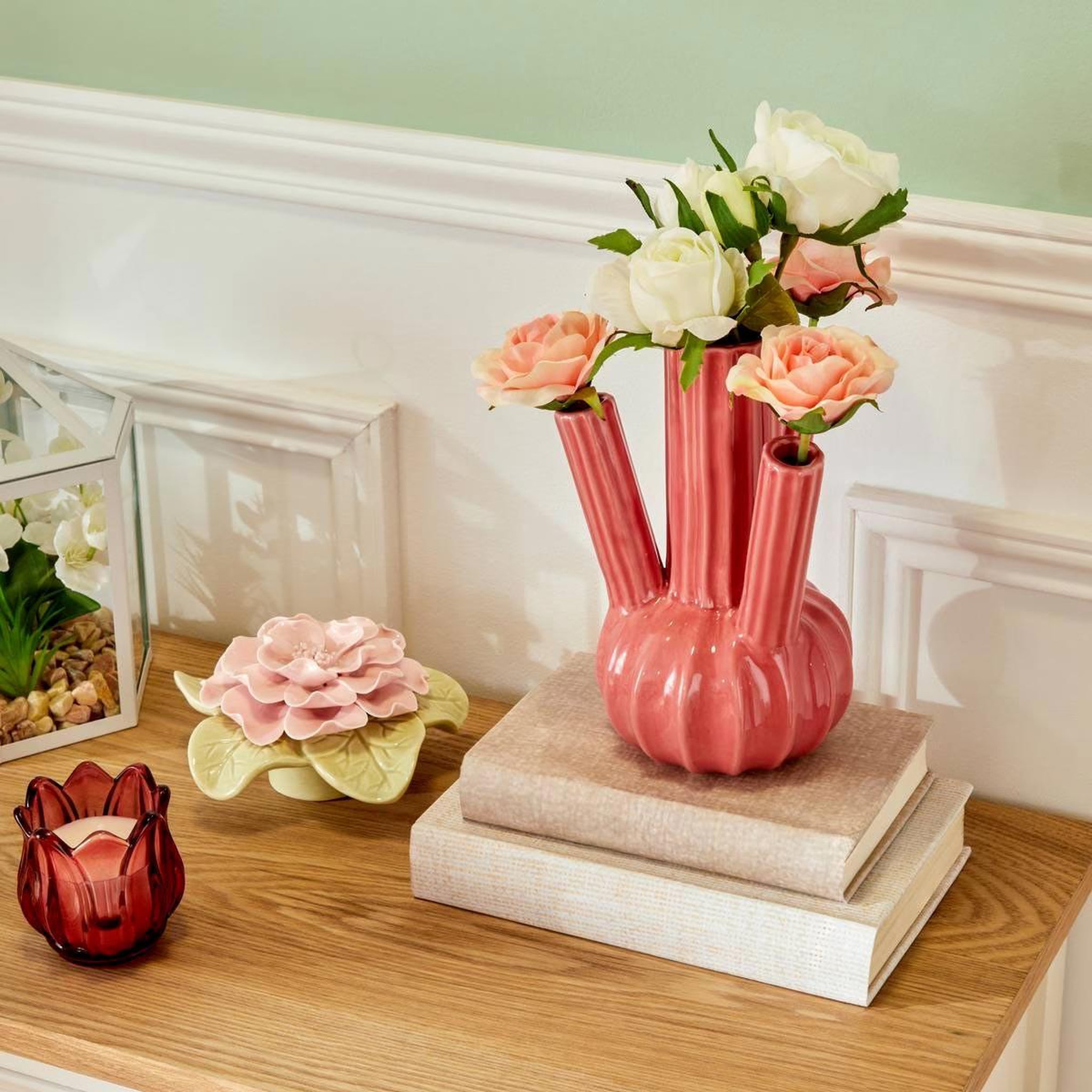 Voir la diapositive 2 : ATMOSPHERA Vase multiple en dolomite  fleur  20cm rose foncé