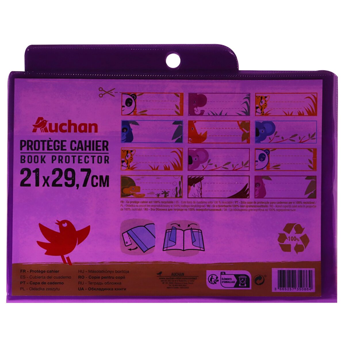 AUCHAN Protège cahiers 21x29,7cm à rabats cristal violet translucide