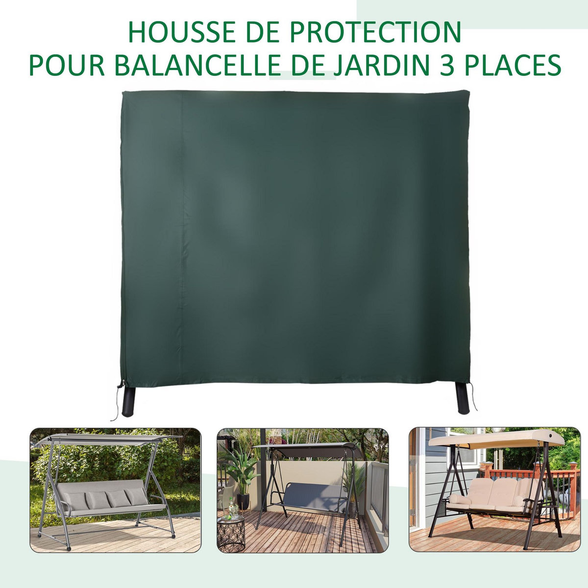 OUTSUNNY Housse de protection balancelle de jardin 3 places bâche étanche dim. 2,05L x 1,24l x 1,64H m polyester PVC haute densité vert