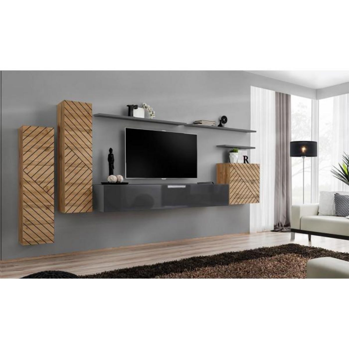 Paris Prix Ensemble Meuble TV  Switch Lamel I  330cm Gris & Naturel