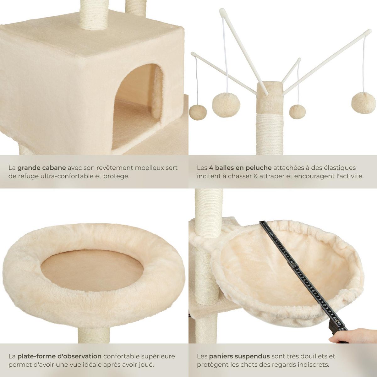 tectake Arbre à chat 165 cm avec griffoir et plateforme d'escalade beige