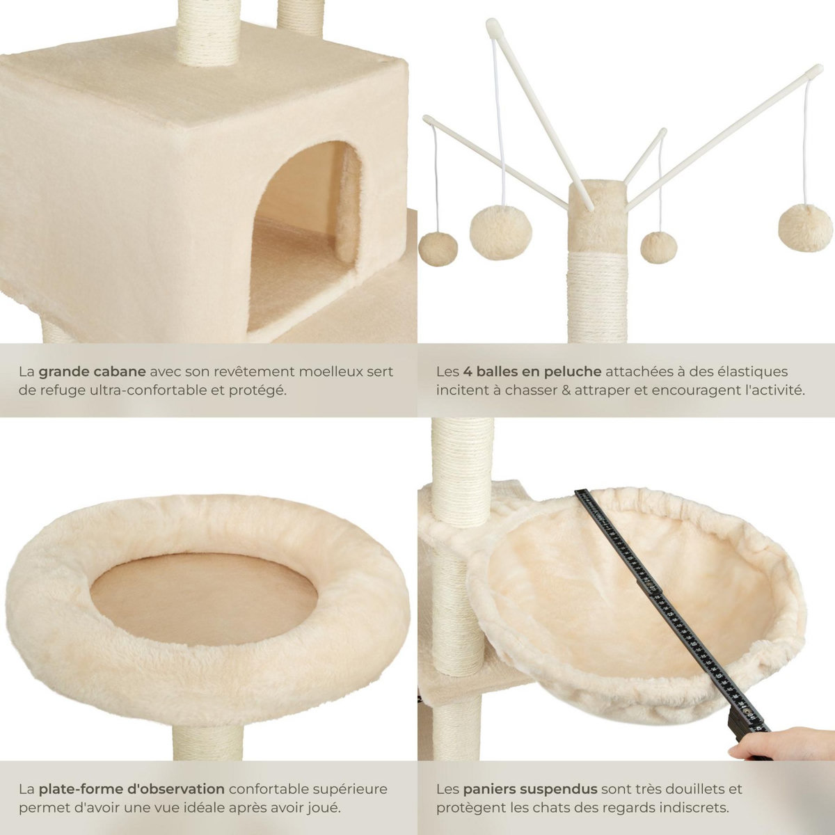 tectake Arbre à chat 165 cm avec griffoir et plateforme d'escalade beige