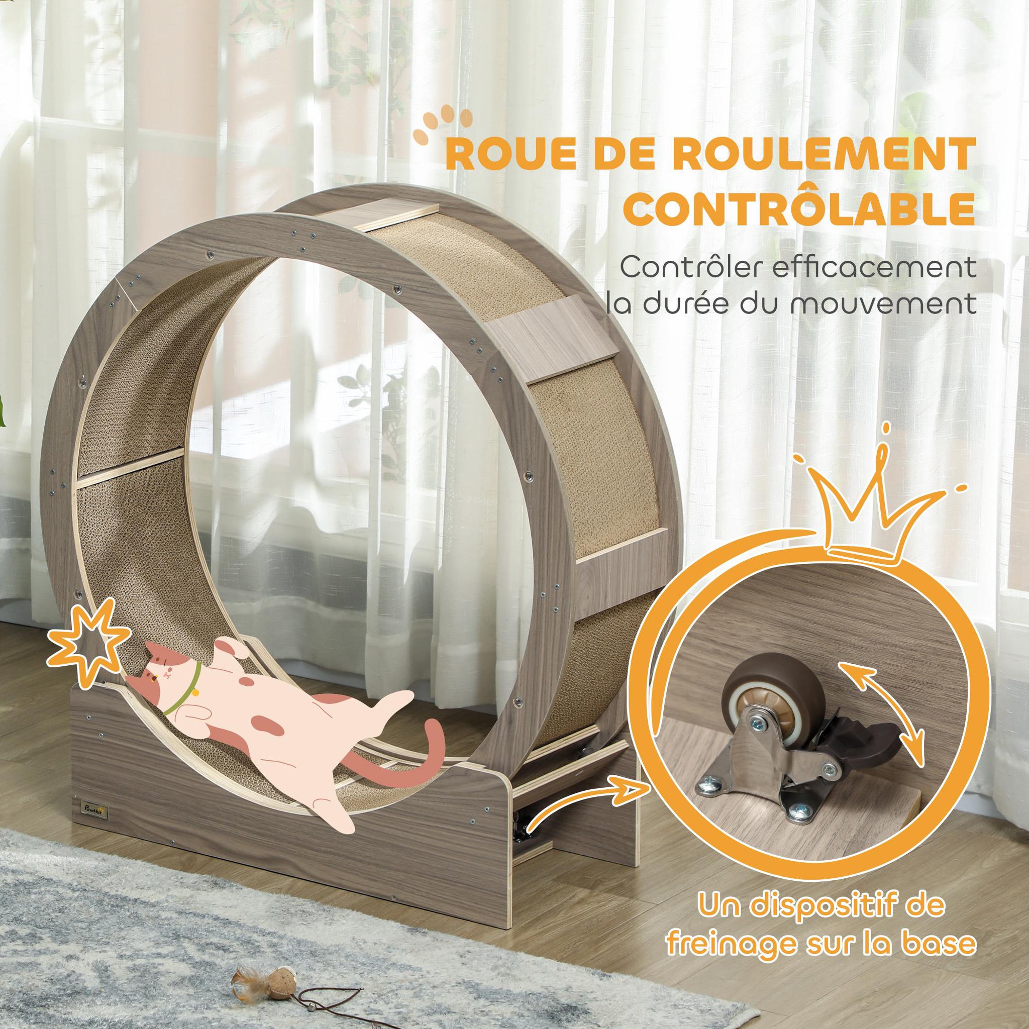 Voir la diapositive 5 : PAWHUT Roue d'exercice pour chat - frein, grattoirs - dim. 91l x 33,5p x 94h cm - aspect bois brun