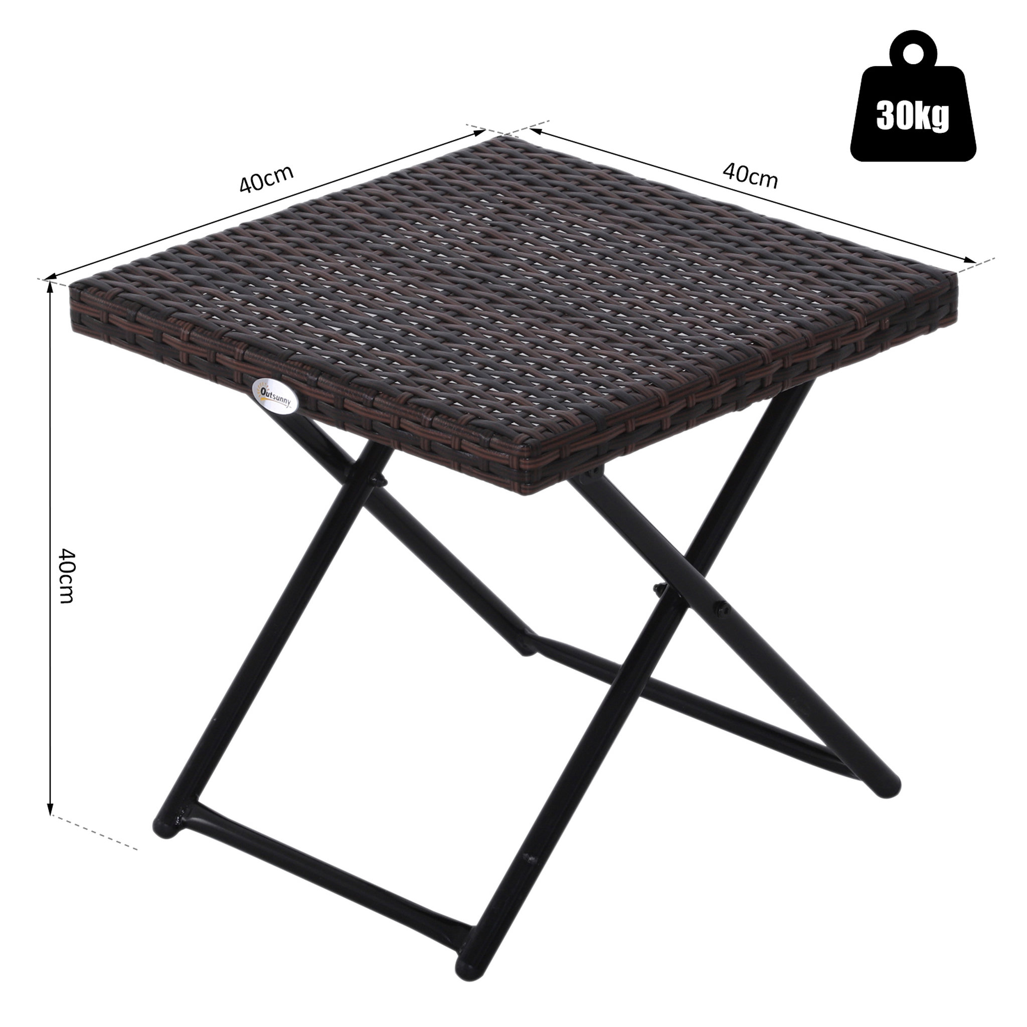 Voir la diapositive 3 : OUTSUNNY Table basse pliable de jardin style cosy chic dim. 40L x 40l x 40H cm métal époxy résine tressée imitation rotin marron