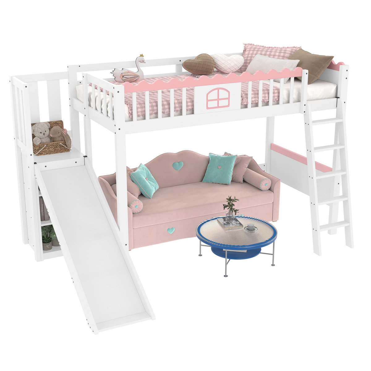 MERAX Lit combiné enfant 90x200cm pin coloris blanc et rose