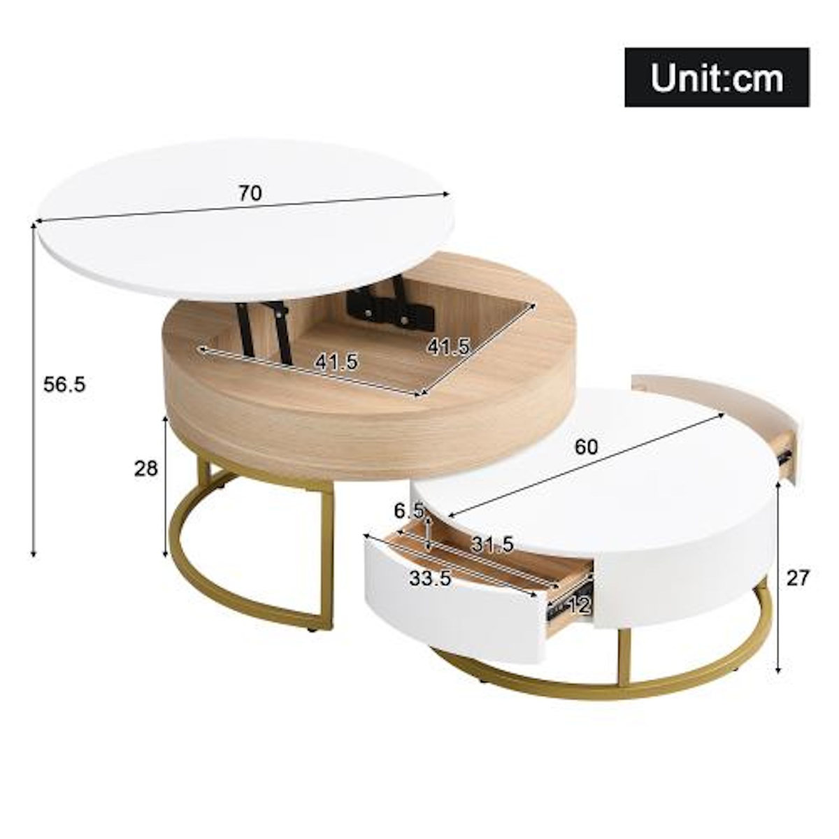 MERAX Table basse gigogne ronde blanc - 70x70 cm mdf