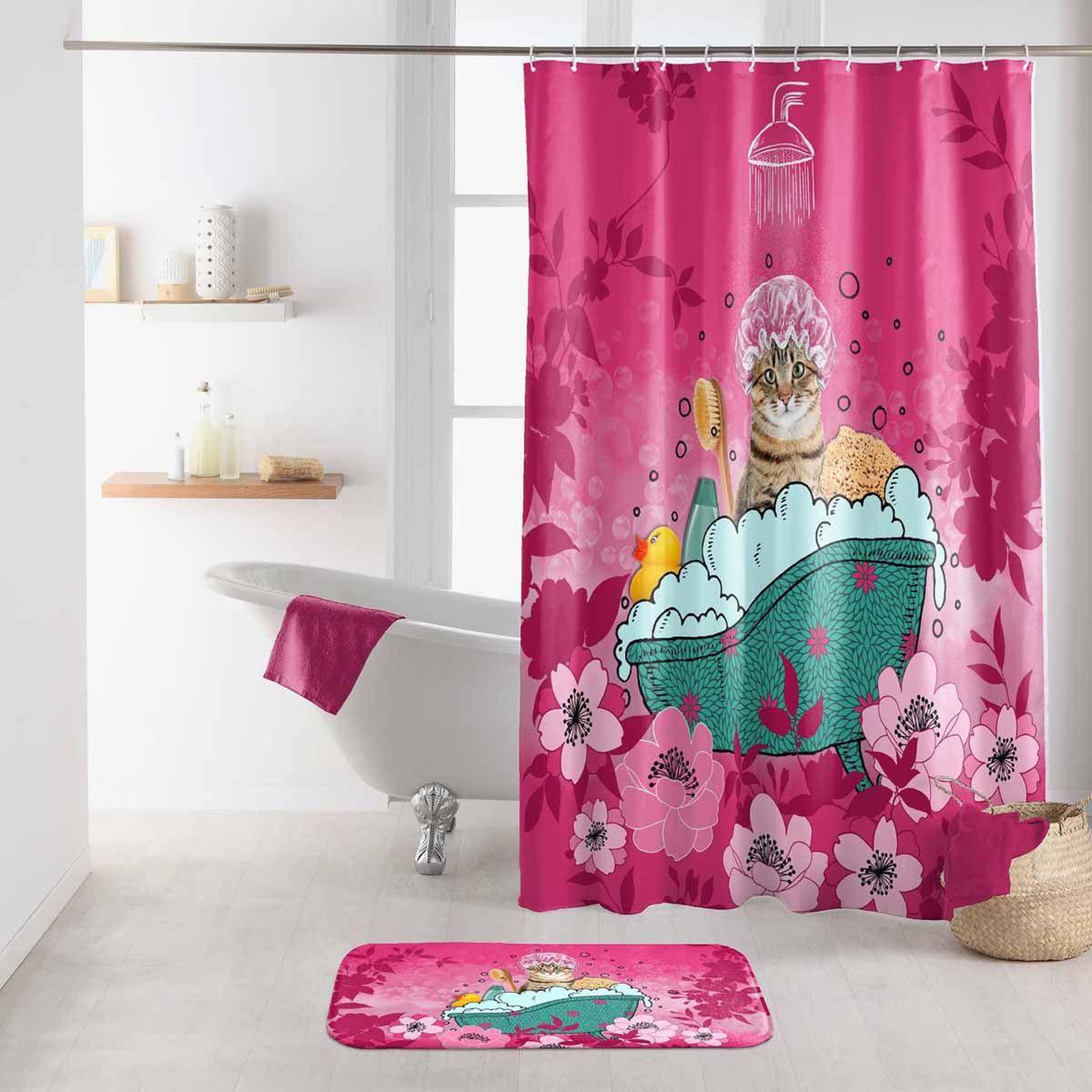 Douceur d'Intérieur Rideau de douche imprimé  chatibulle  180x200cm rose