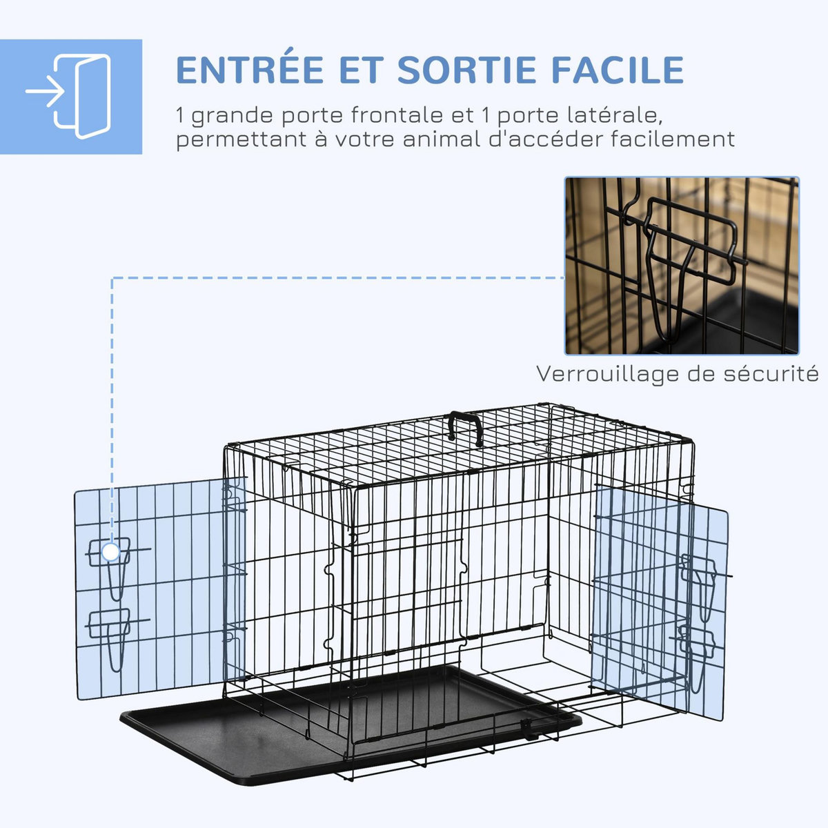 PAWHUT Cage de transport pliante pour chien poignée, plateau amovible, coussin fourni 76 x 53 x 57 cm noir