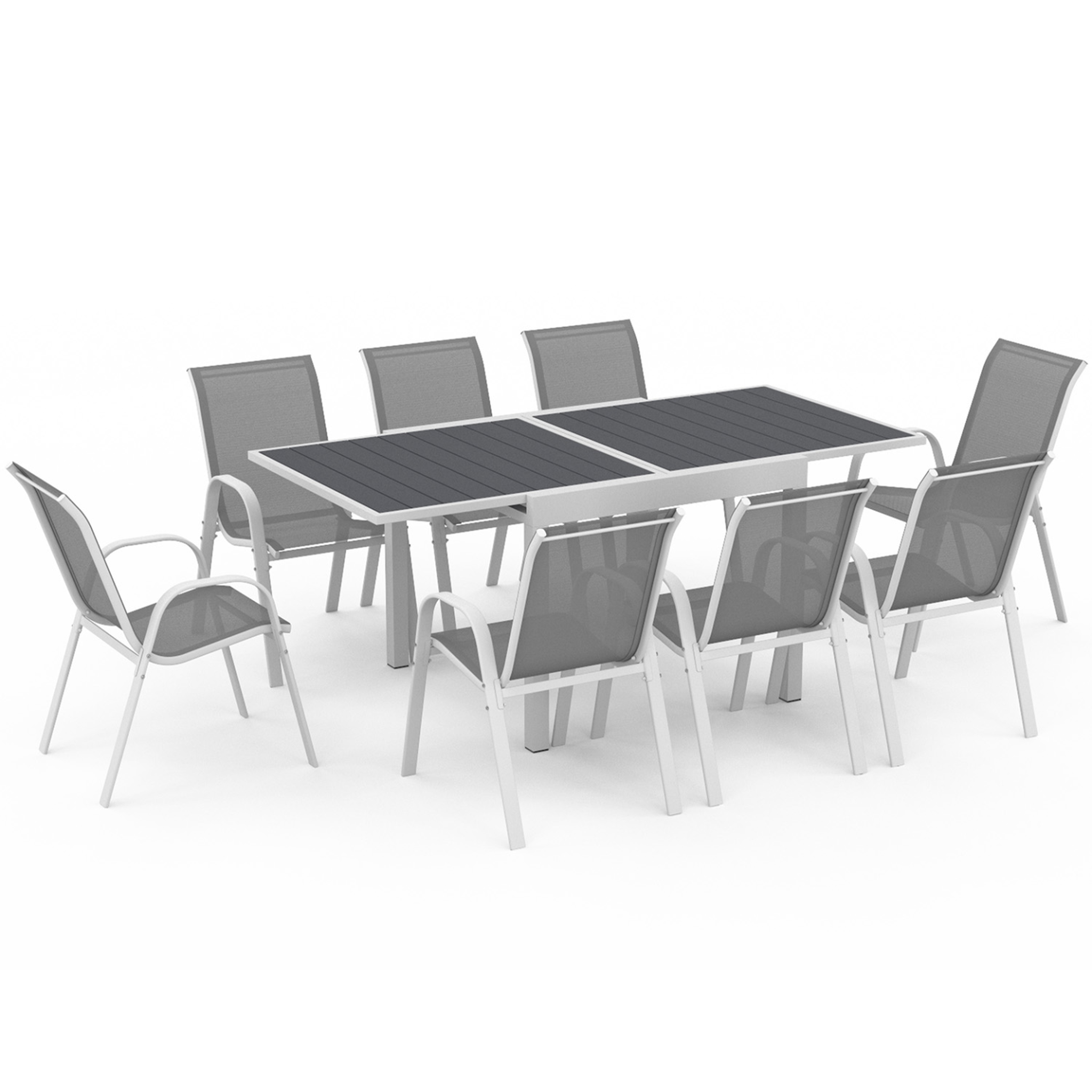 ID MARKET Salon de jardin poly table extensible 90-180 cm et 8 chaises blanc et gris