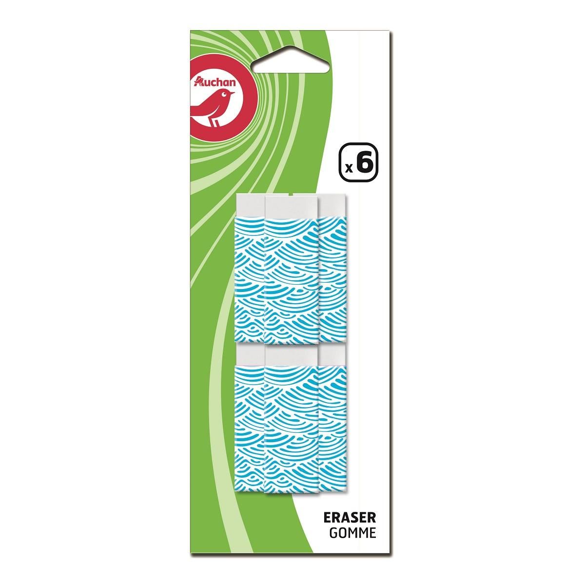 AUCHAN Lot de 6 gommes blanches rectangulaires