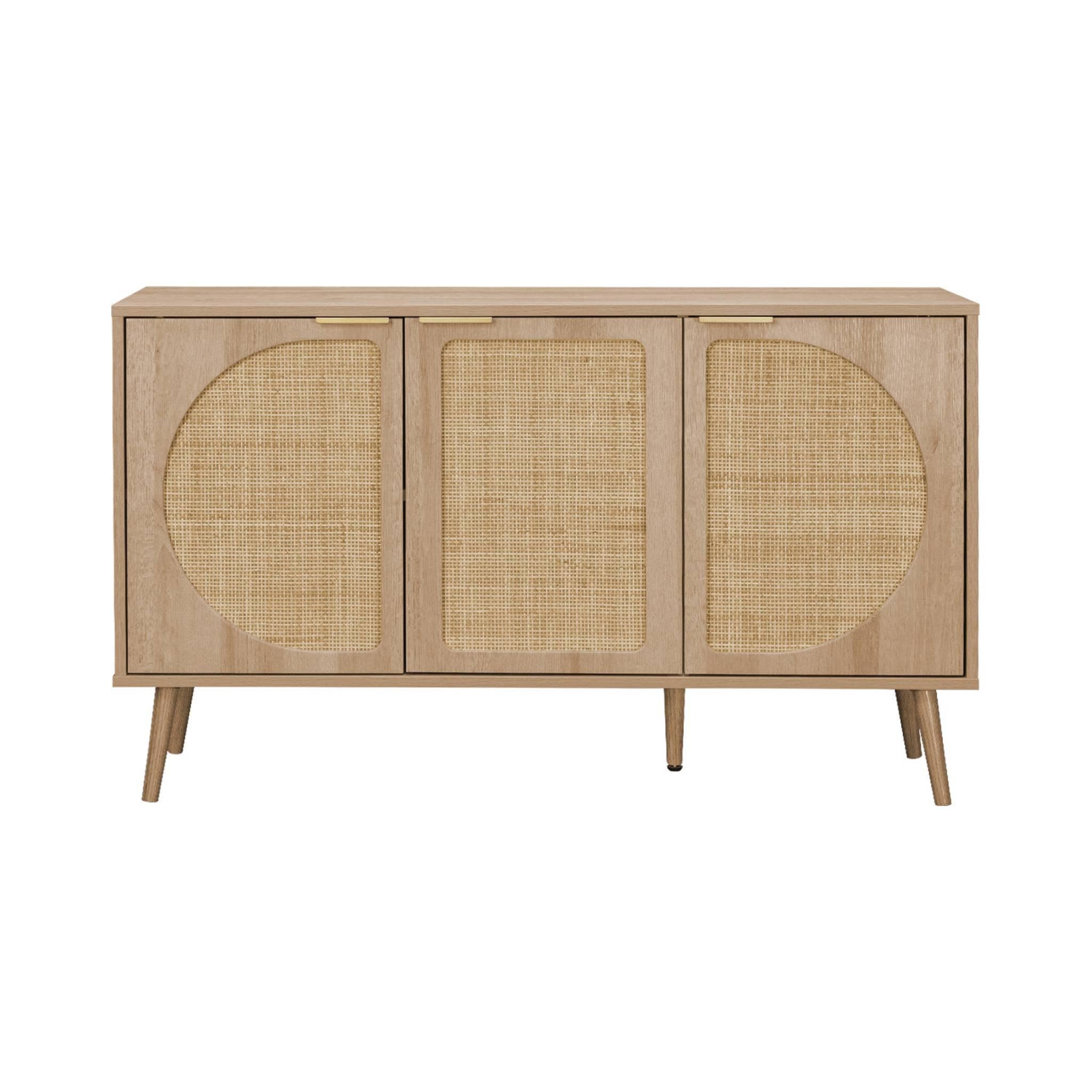 Voir la diapositive 5 : SWEEEK Buffet de rangement. Eva. cannage arrondis et décor bois. trois portes. deux niveaux . buffet bas. L 120 x l39 x H70cm