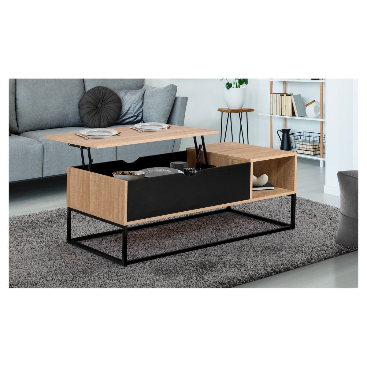 Table basse plateau relevable style industriel bois et métal 110 cm HOUSTON
