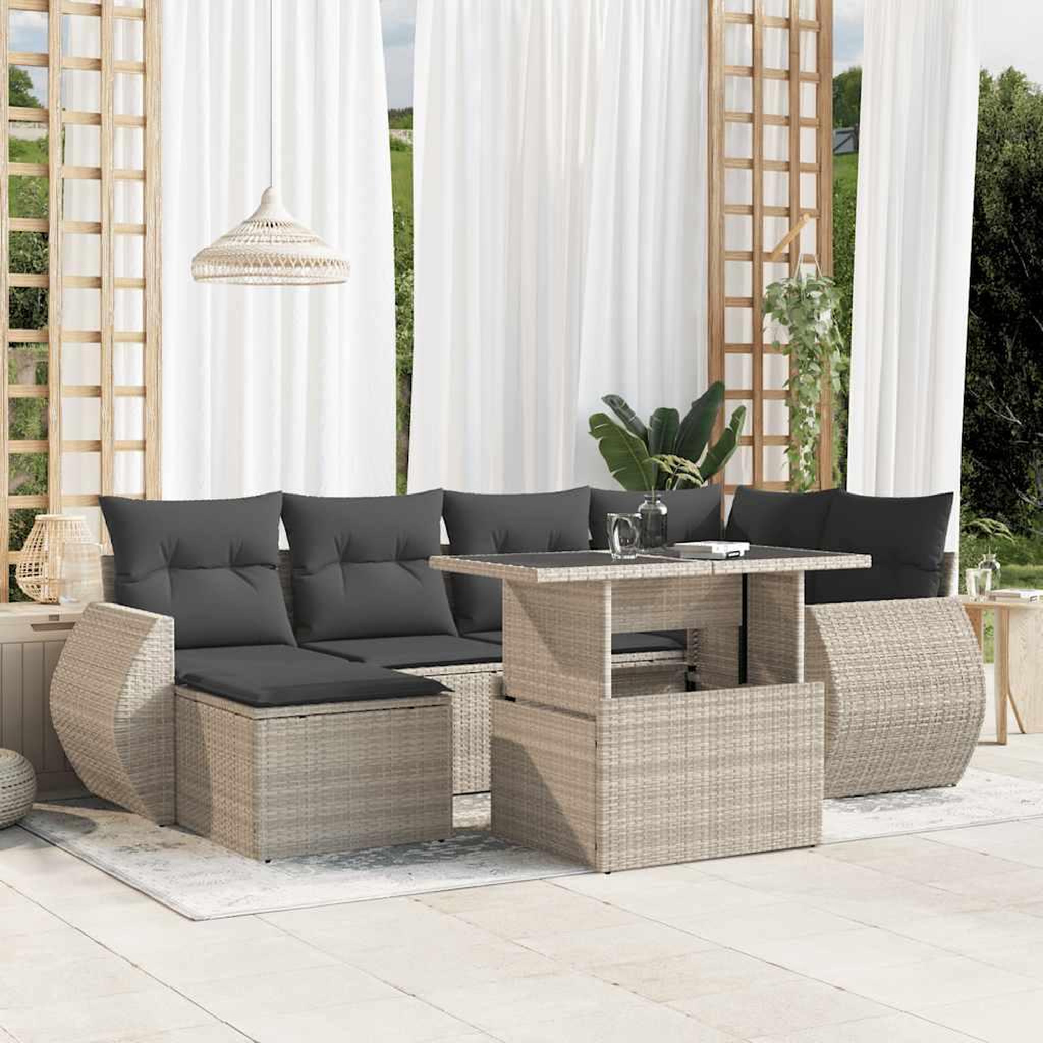 VIDAXL Salon de jardin avec coussins 7 pcs gris clair resine tressee