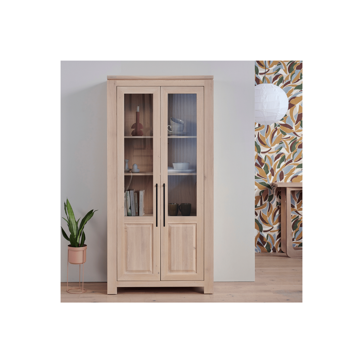 HELLIN Vitrine moderne en chêne blanchi - BOSTON