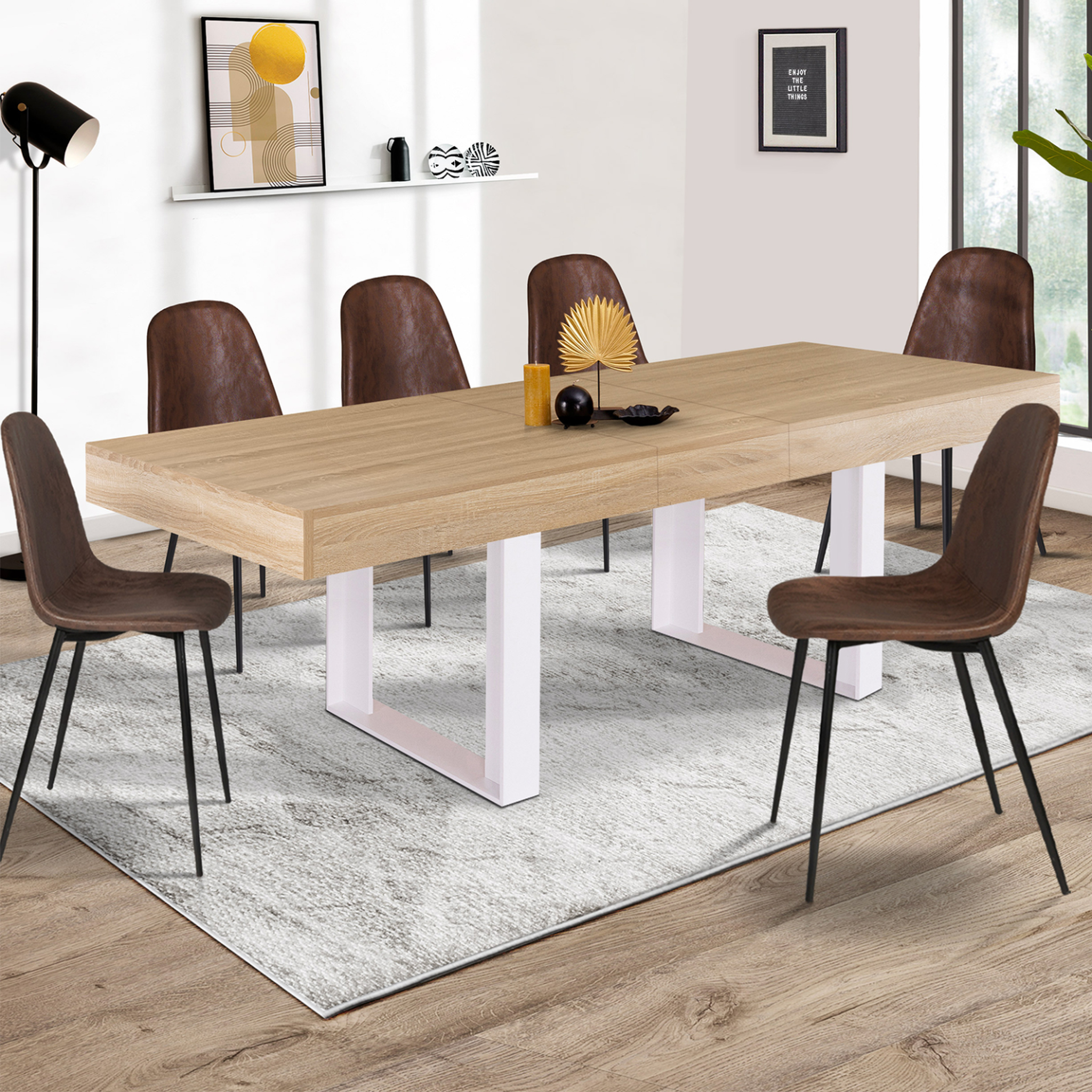 Voir la diapositive 2 : ID MARKET Table à manger extensible rectangle phoenix 4-8 personnes bois et blanc 160-200 cm
