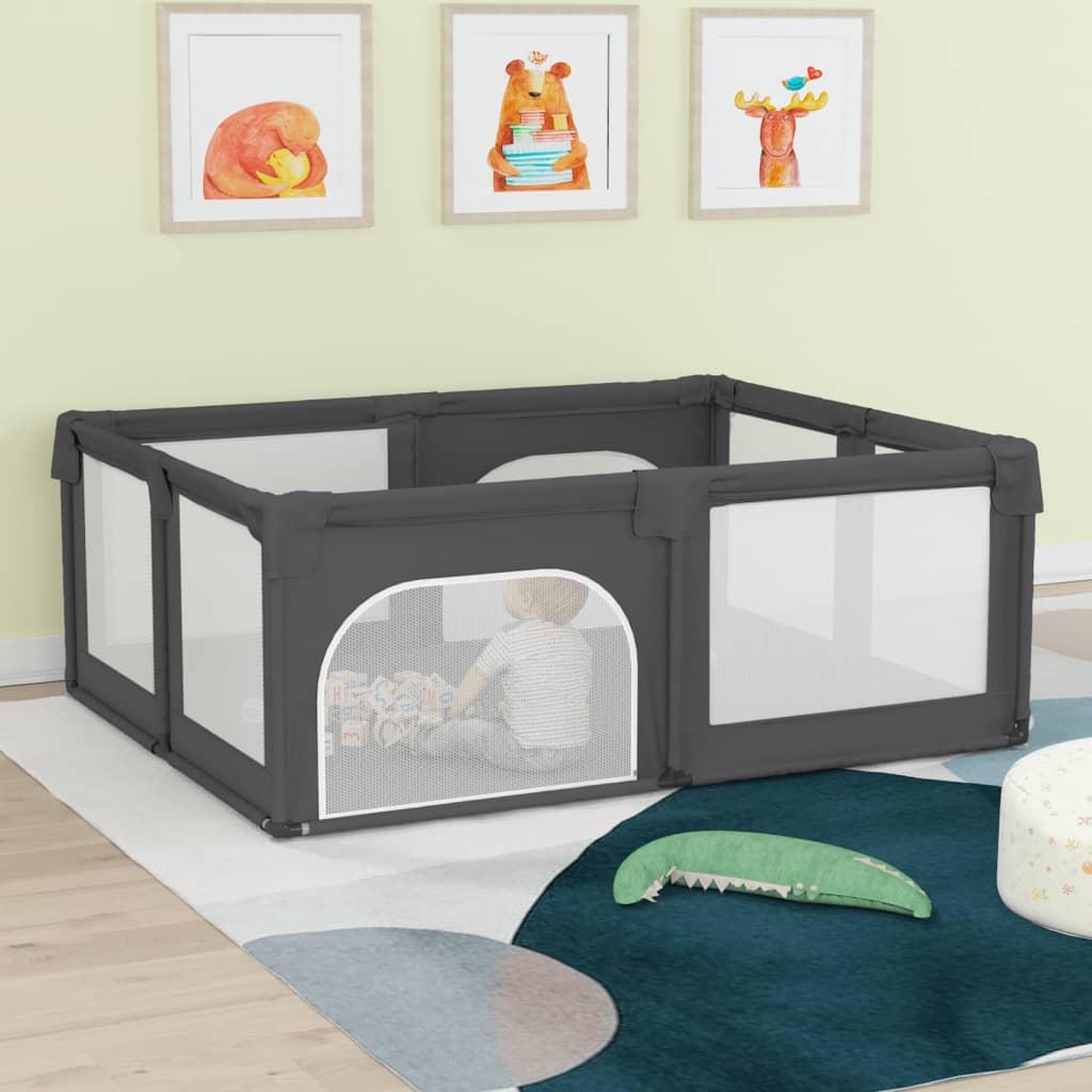 Voir la diapositive 1 : VIDAXL Parc pour bebe avec 2 portes Gris fonce Tissu Oxford