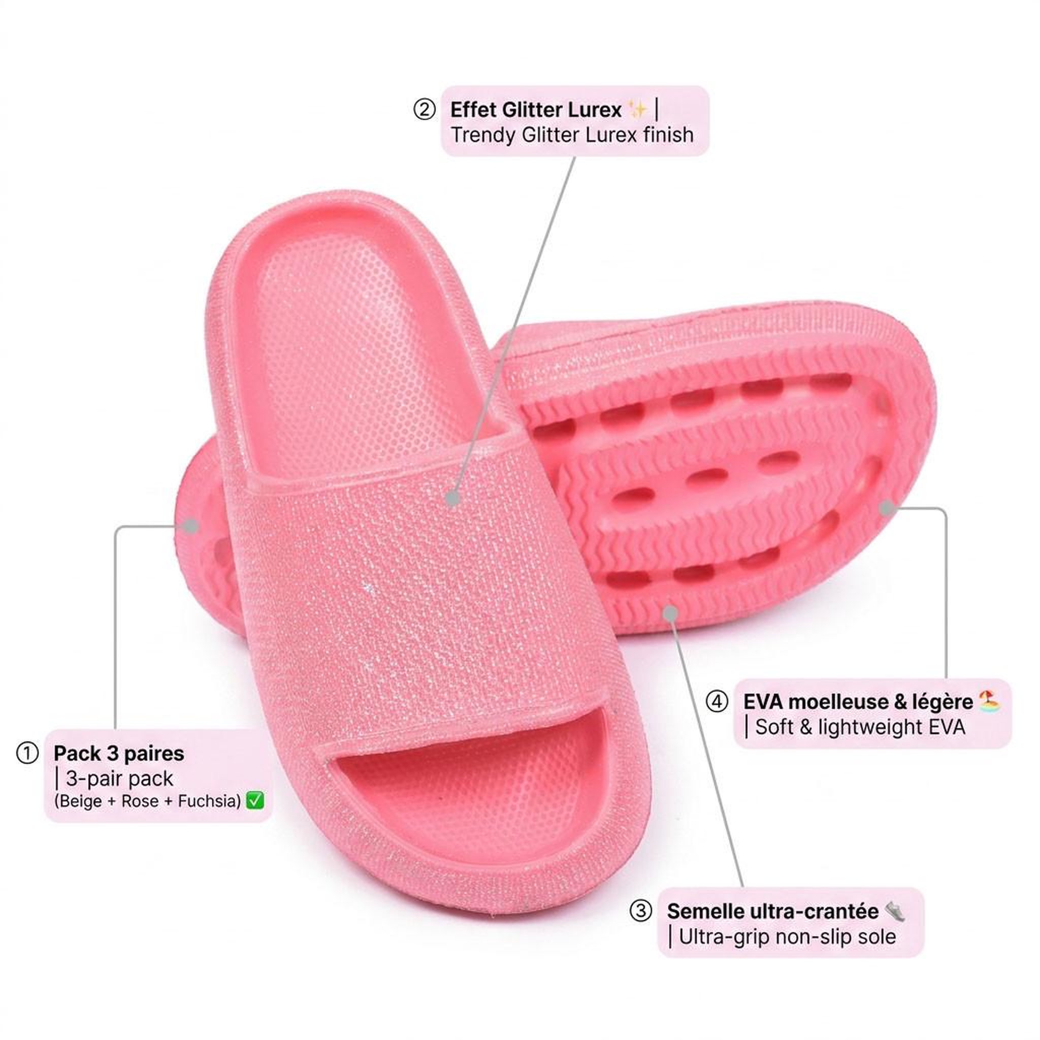 Voir la diapositive 4 : OZABI OZABI Pack 3 Claquettes Fille Glitter Paillettes - Beige Rose Fuchsia