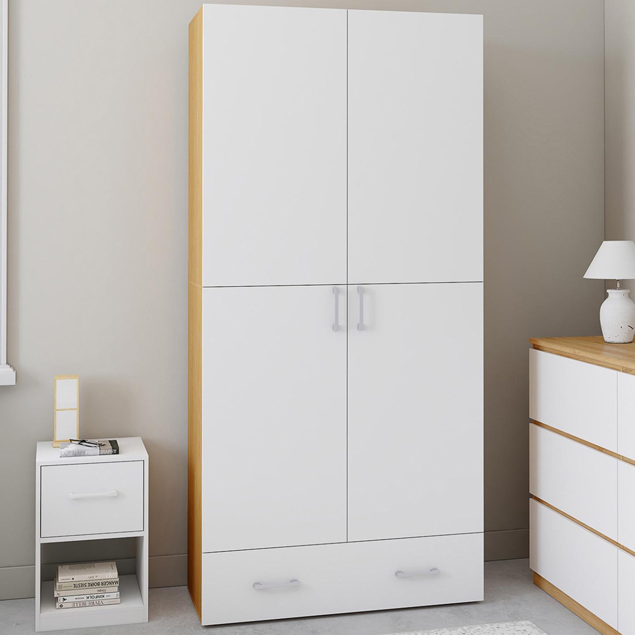 Voir la diapositive 2 : ID MARKET Armoire 2 portes juliana blanc et bois étagères 80 cm avec 1 tiroir