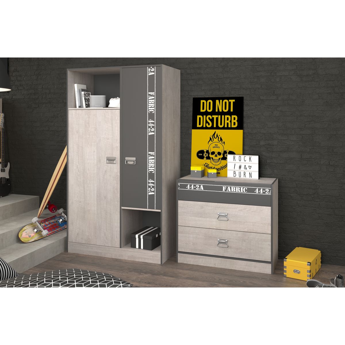 Armoire 2 portes chambre junior style industriel L101cm LOFTY