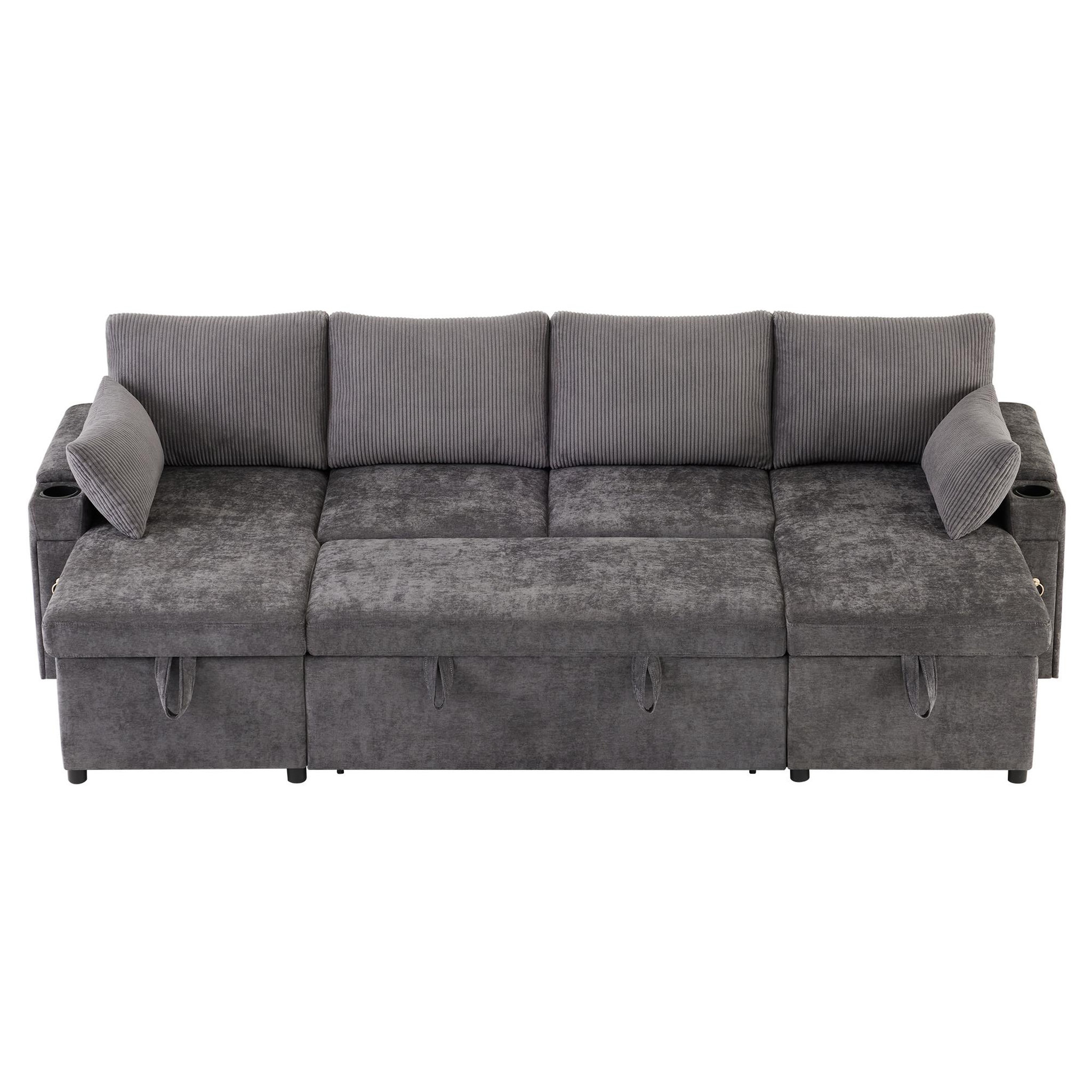 MERAX Canapé d'angle panoramique convertible 4 places tissu coffre de rangement. Coloris disponibles : Beige, Gris