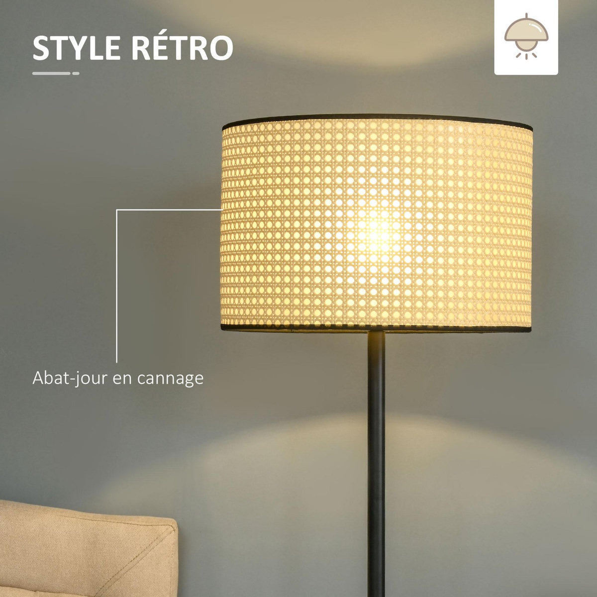 HOMCOM Lampadaire cannage style cosy 40 W max. H.153 cm piètement mât noir abat-jour cannage