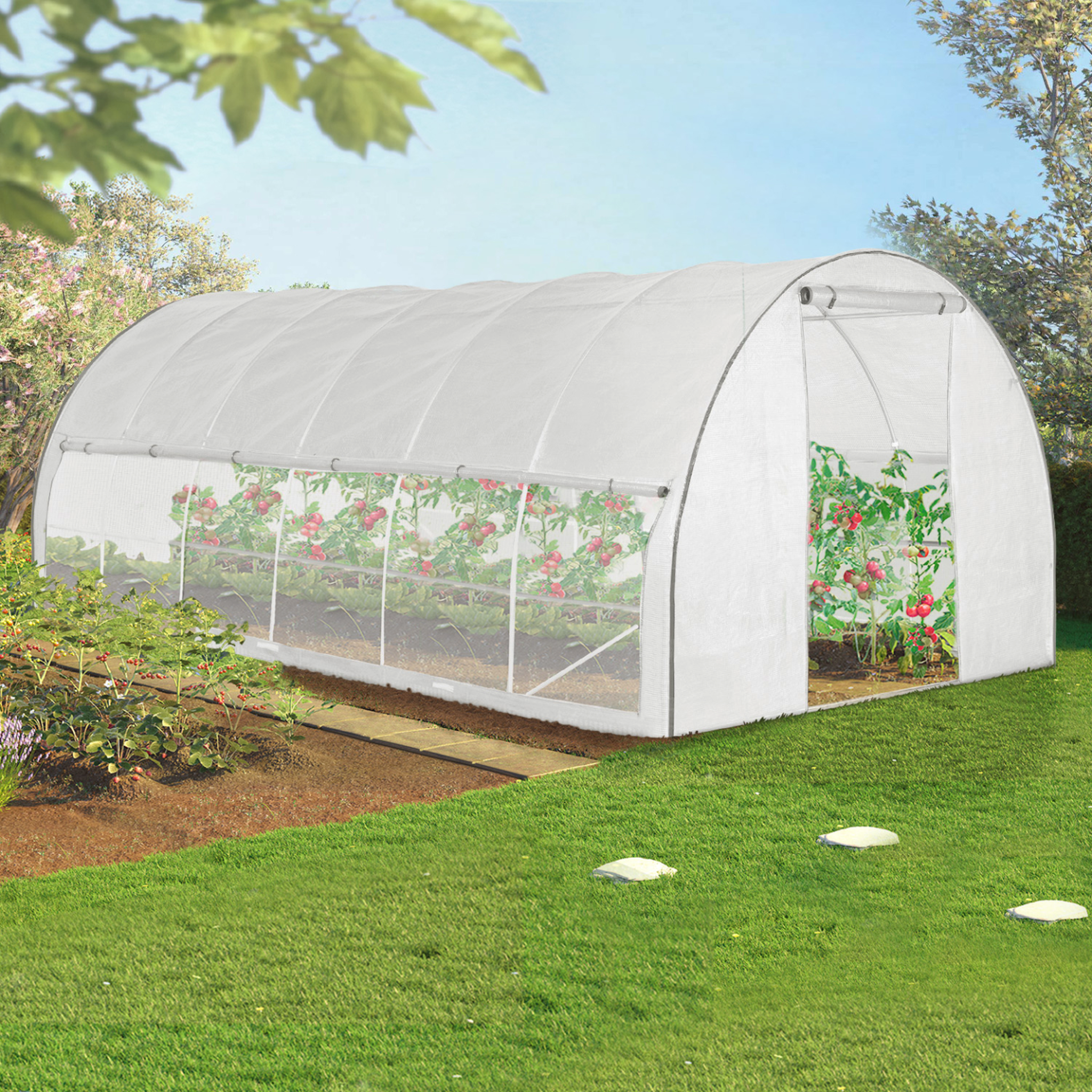 Voir la diapositive 2 : ID MARKET Serre de jardin tunnel 18m² 6 x 3 x 2 m acier galvanisé + bâche anti-uv avec porte et fenêtres crimée blanche avec moustiquaire