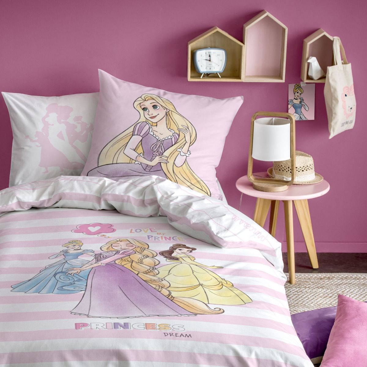 PRINCESS DISNEY Parure housse de couette enfant fantaisie en coton 57 fils PRINCESSES STRIPES