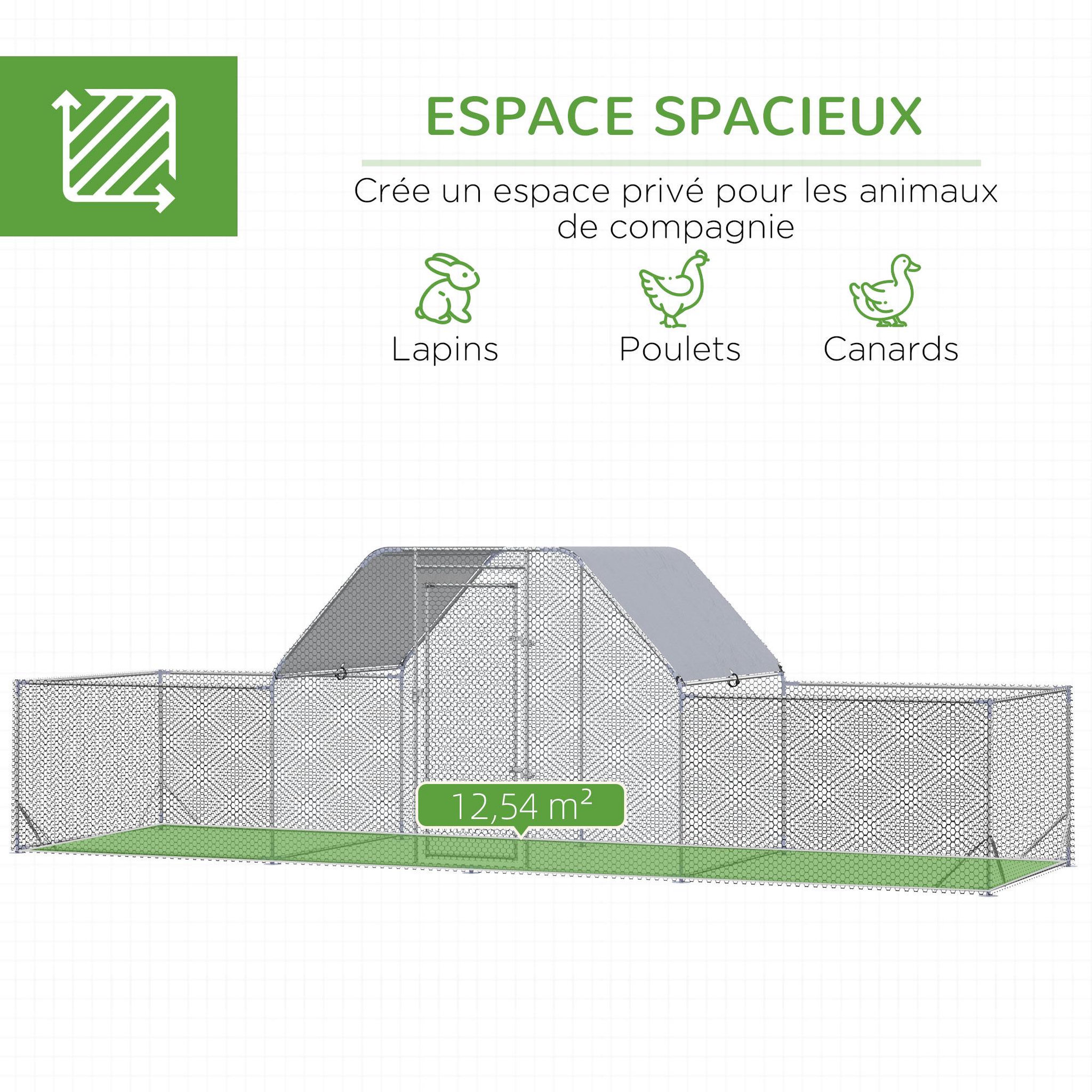 Voir la diapositive 4 : PAWHUT Enclos poulailler chenil 12,54 m² - parc grillagé dim 6,6L x 1,9l x 1,95H m - espace couvert - acier galvanisé