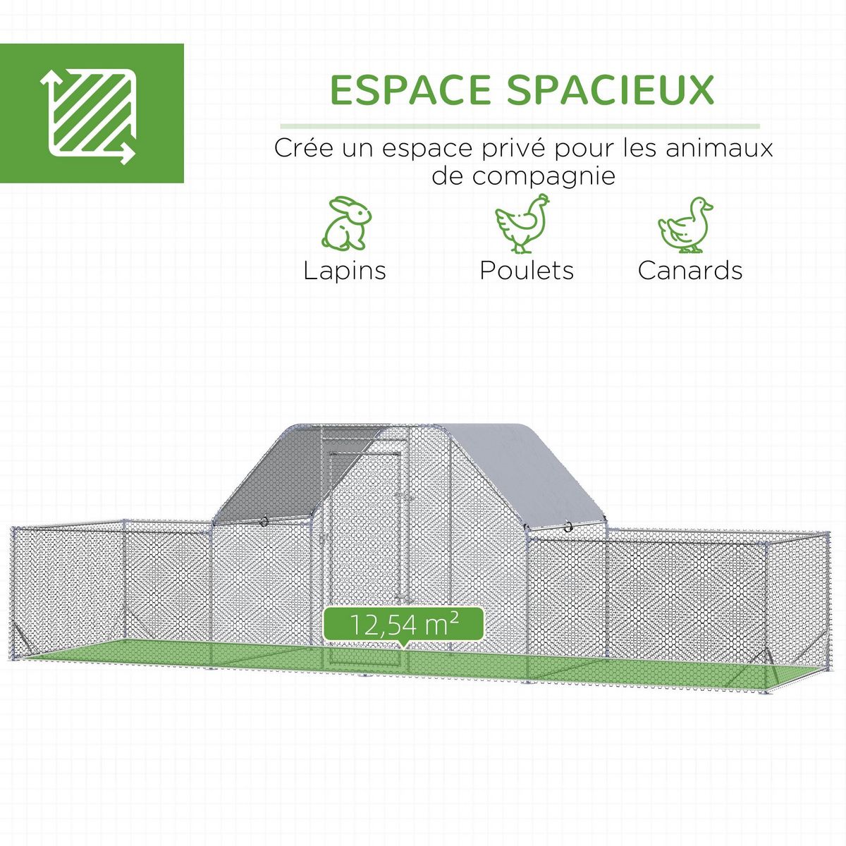 PAWHUT Enclos poulailler chenil 12,54 m² - parc grillagé dim 6,6L x 1,9l x 1,95H m - espace couvert - acier galvanisé