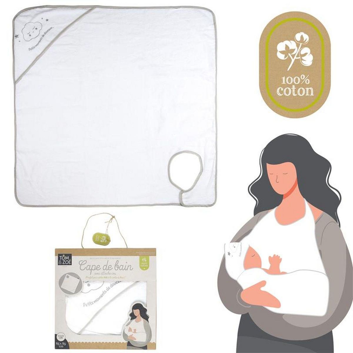 TOILINUX Cape de bain attache cou - en Coton - 70 cm x 70 cm