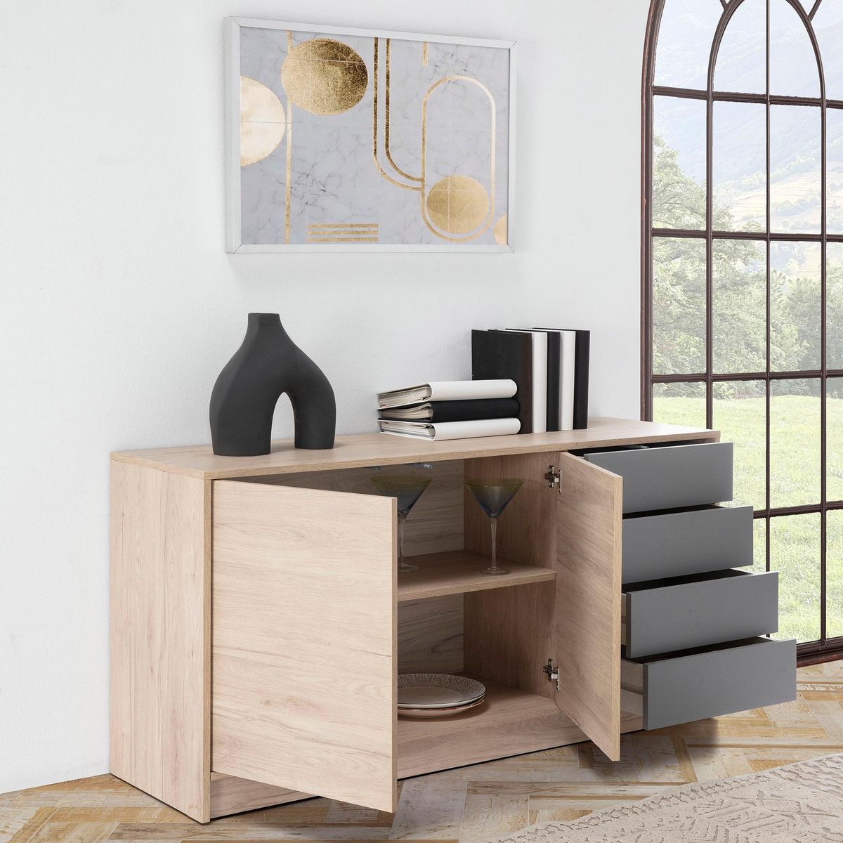 VS VENTA-STOCK Buffet Panama 4 tiroirs, 2 Portes, Couleur Bois et Gris, 136 cm Largeur