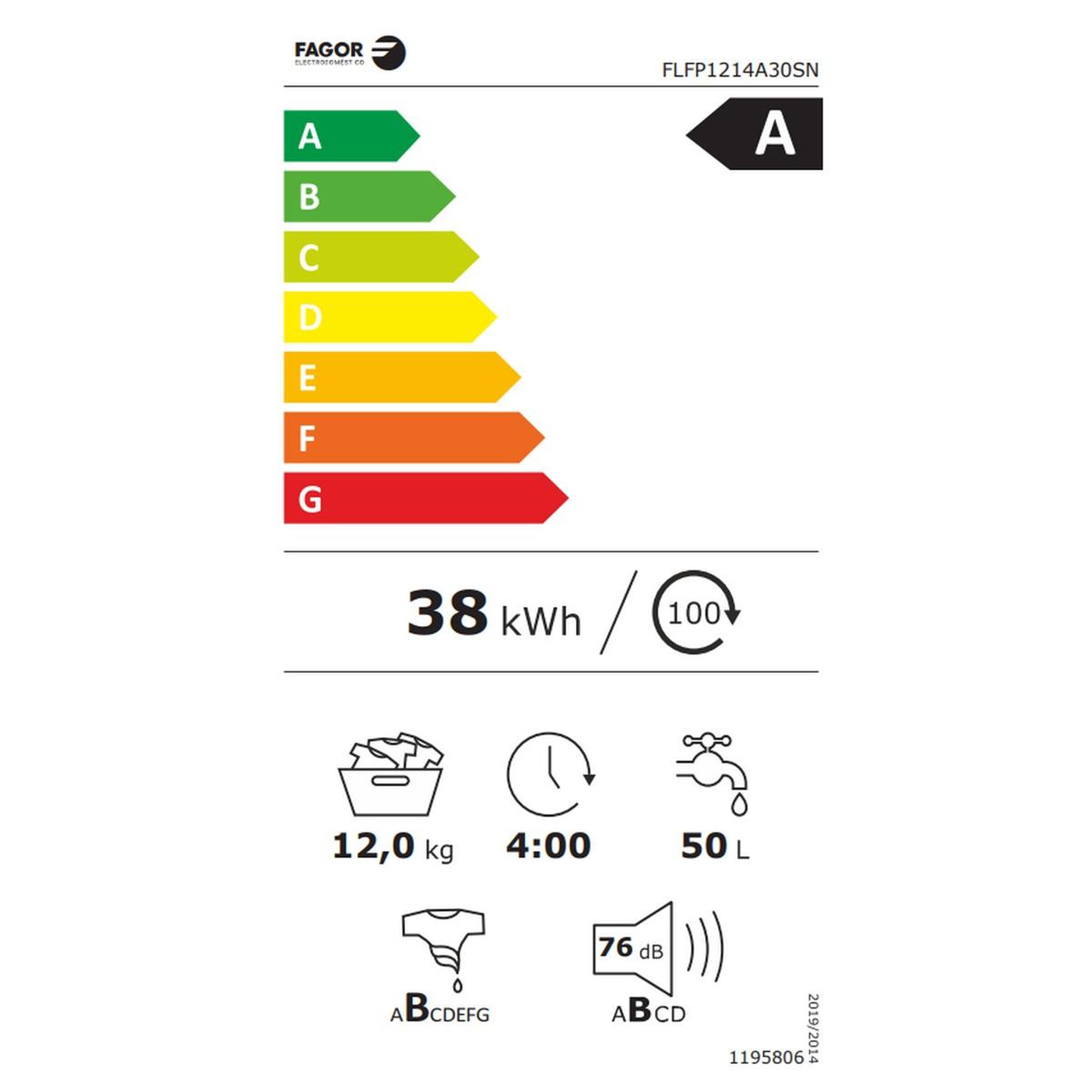 Voir la diapositive 2 : Fagor Lave-linge frontal 12kg 1400 tours/min - flfp1214a30sn