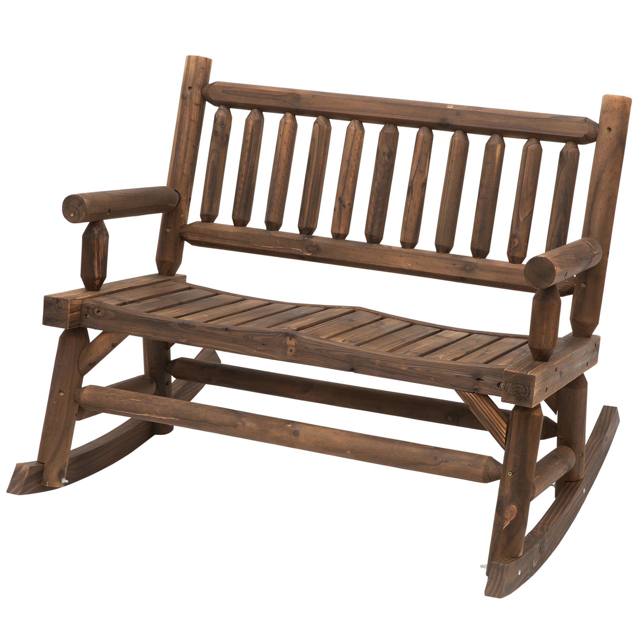 Voir la diapositive 1 : OUTSUNNY Banc à bascule de jardin 2 places style rural chic structure dossier accoudoirs aspect rondins de bois assise à lattes sapin traité carbonisation