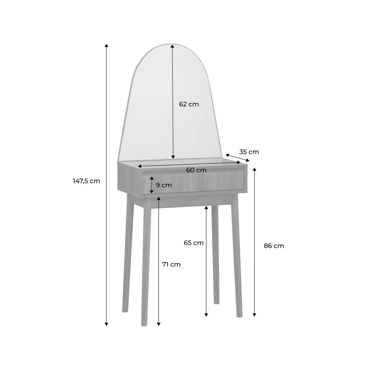 SWEEEK Coiffeuse décor bois LINEAR miroir arrondi 1 tiroir 60 cm. façade striée. Noyer