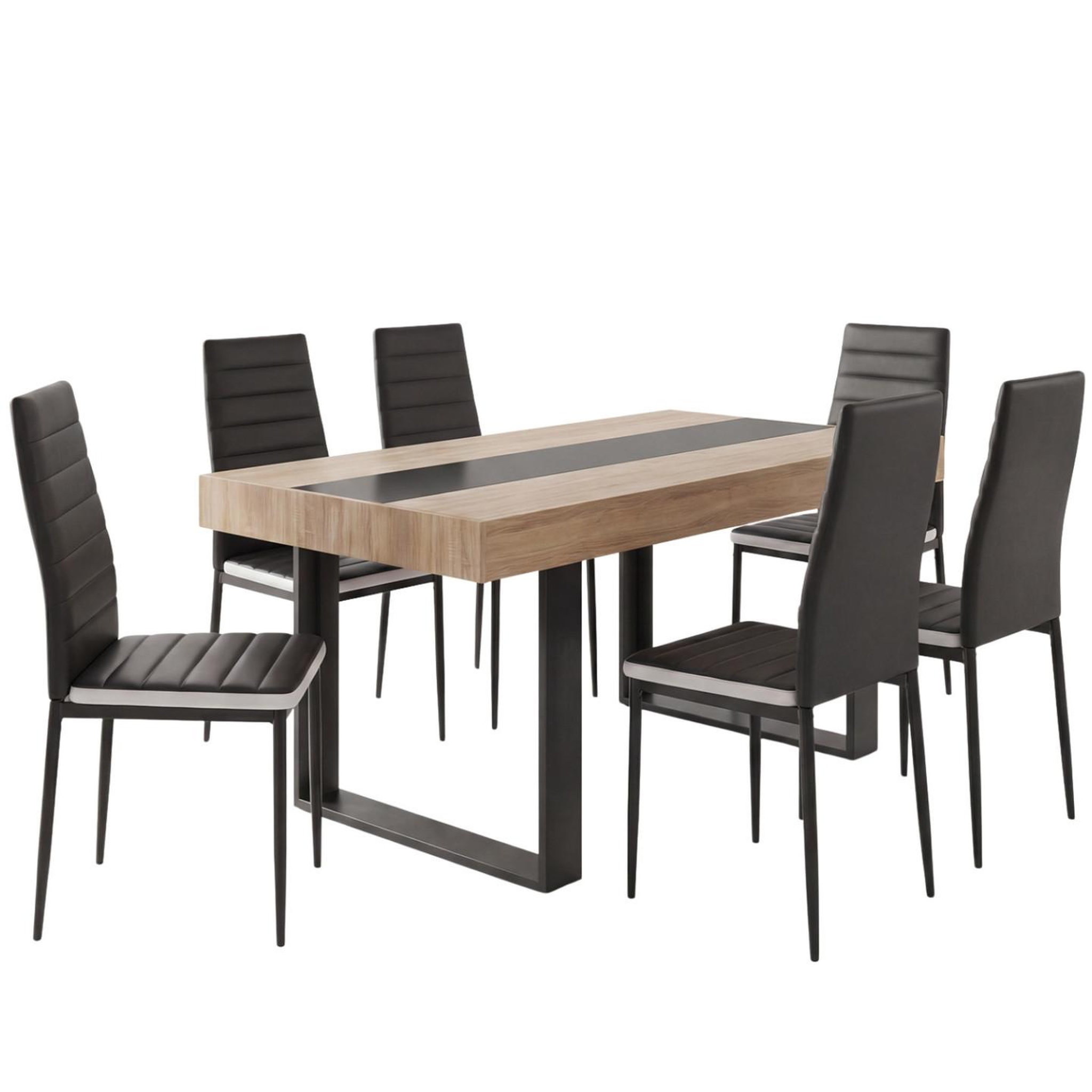 ID MARKET Ensemble table à manger rectangle PHOENIX bois et noir bande centrale noire 160 cm et 6 chaises ROMANE noires bandeau blanc