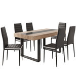 ID MARKET Ensemble table à manger rectangle PHOENIX bois et noir bande centrale noire 160 cm et 6 chaises ROMANE noires bandeau blanc