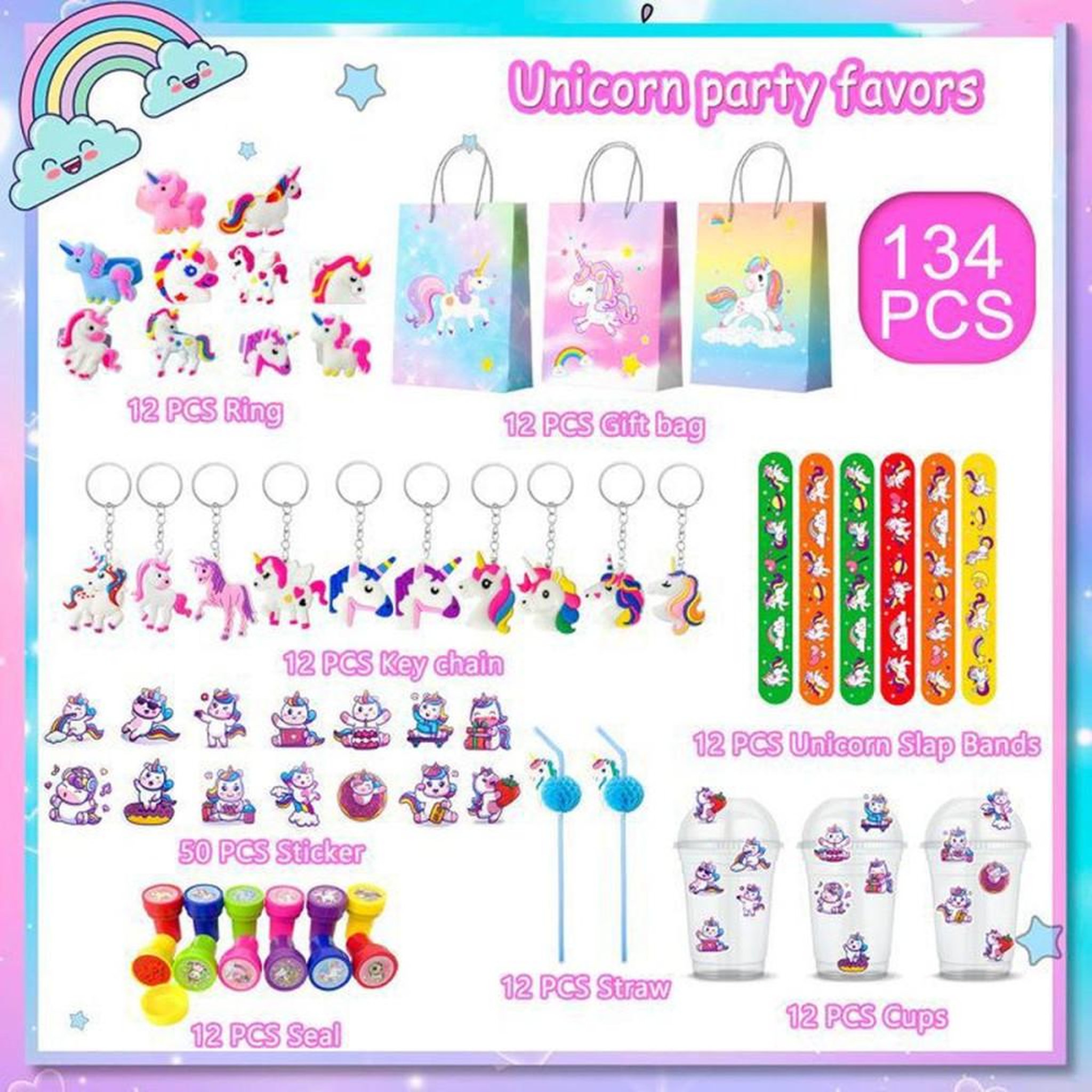 Voir la diapositive 6 : Kit décoration anniversaire licorne avec bracelets claque, sacs, bagues, porte-clés, tampons et autocollants