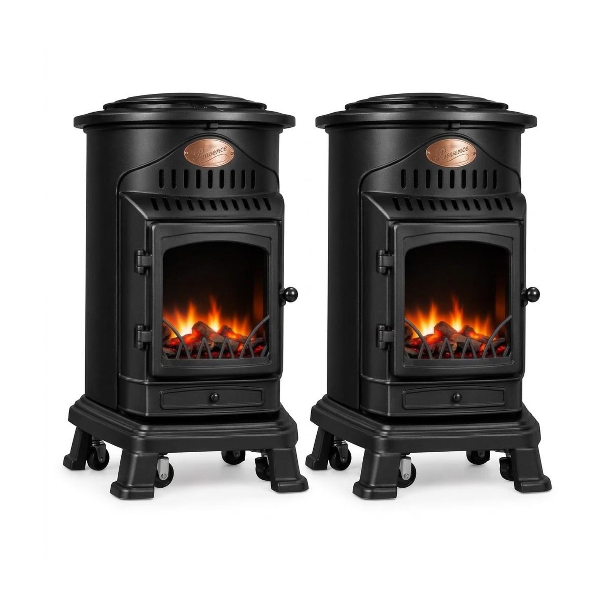 INTEC Pack de 2 Poêles à gaz Noir Provence en fonte 3,4KW Effet feu Chauffage d'appoint gaz sur roues