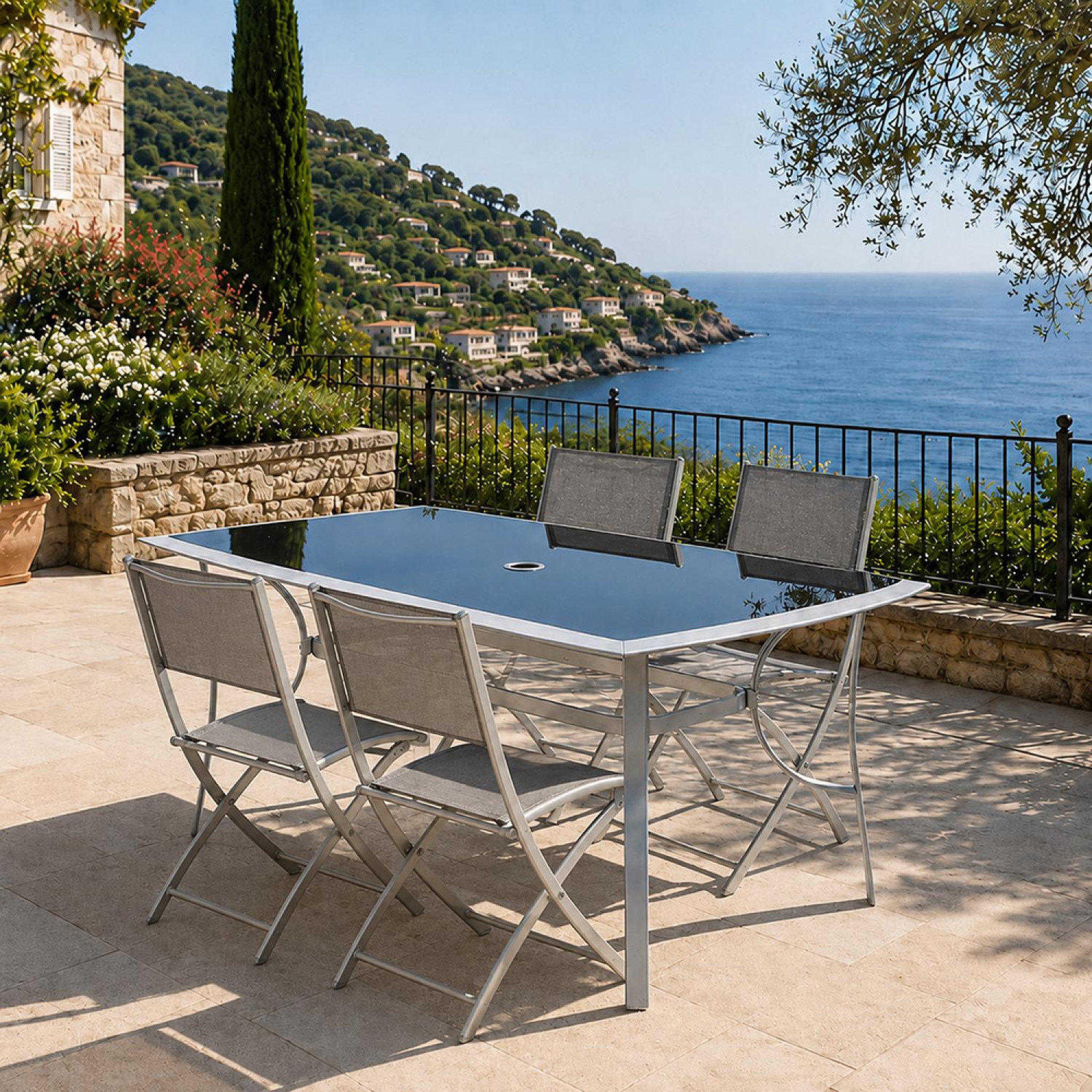 Voir la diapositive 2 : CONCEPT USINE Ensemble de jardin table 150 cm + lot de 4 chaises pliantes alassio