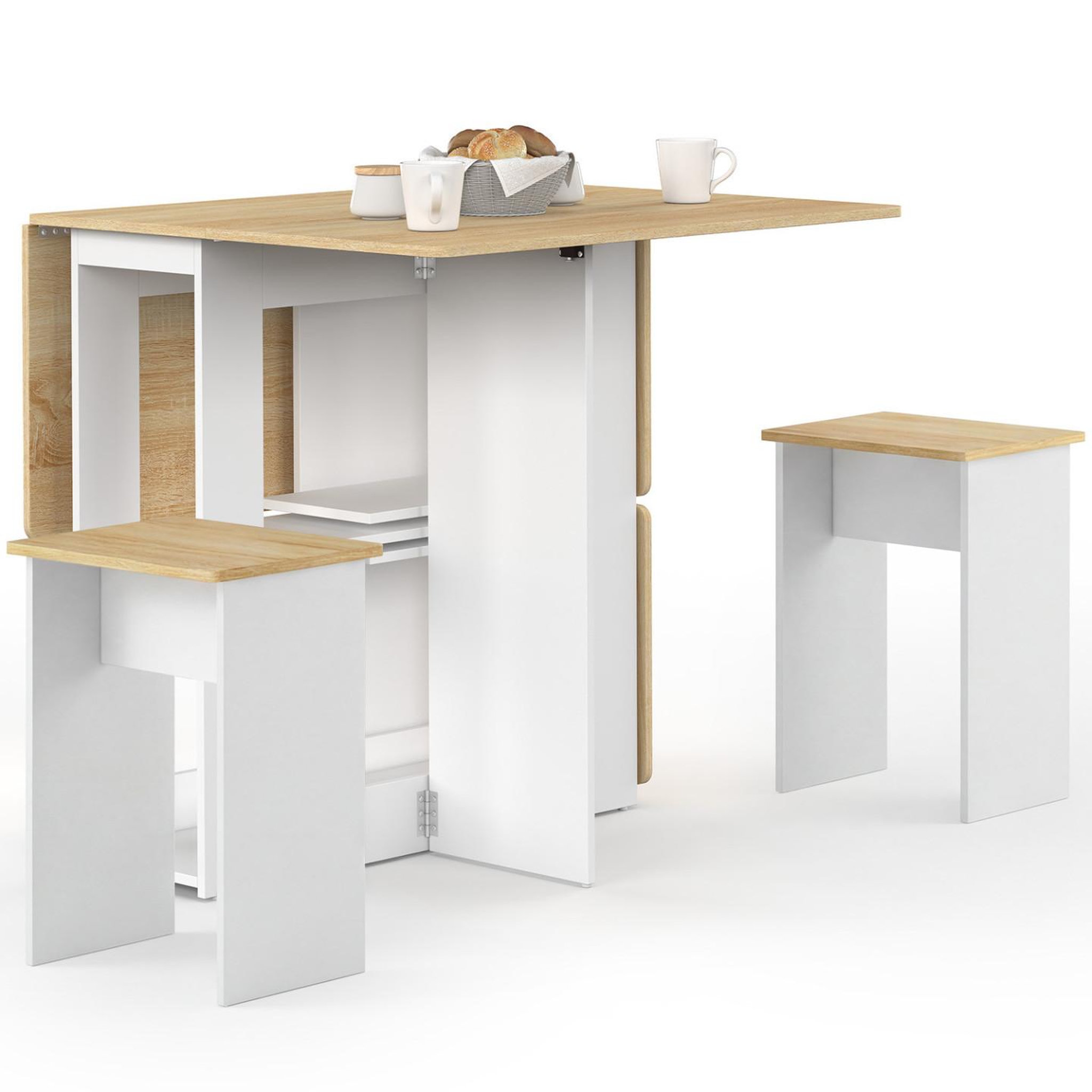 Voir la diapositive 4 : ID MARKET Ensemble table console pliable edi 2-4 personnes bois blanc et plateau façon hêtre avec 4 tabourets