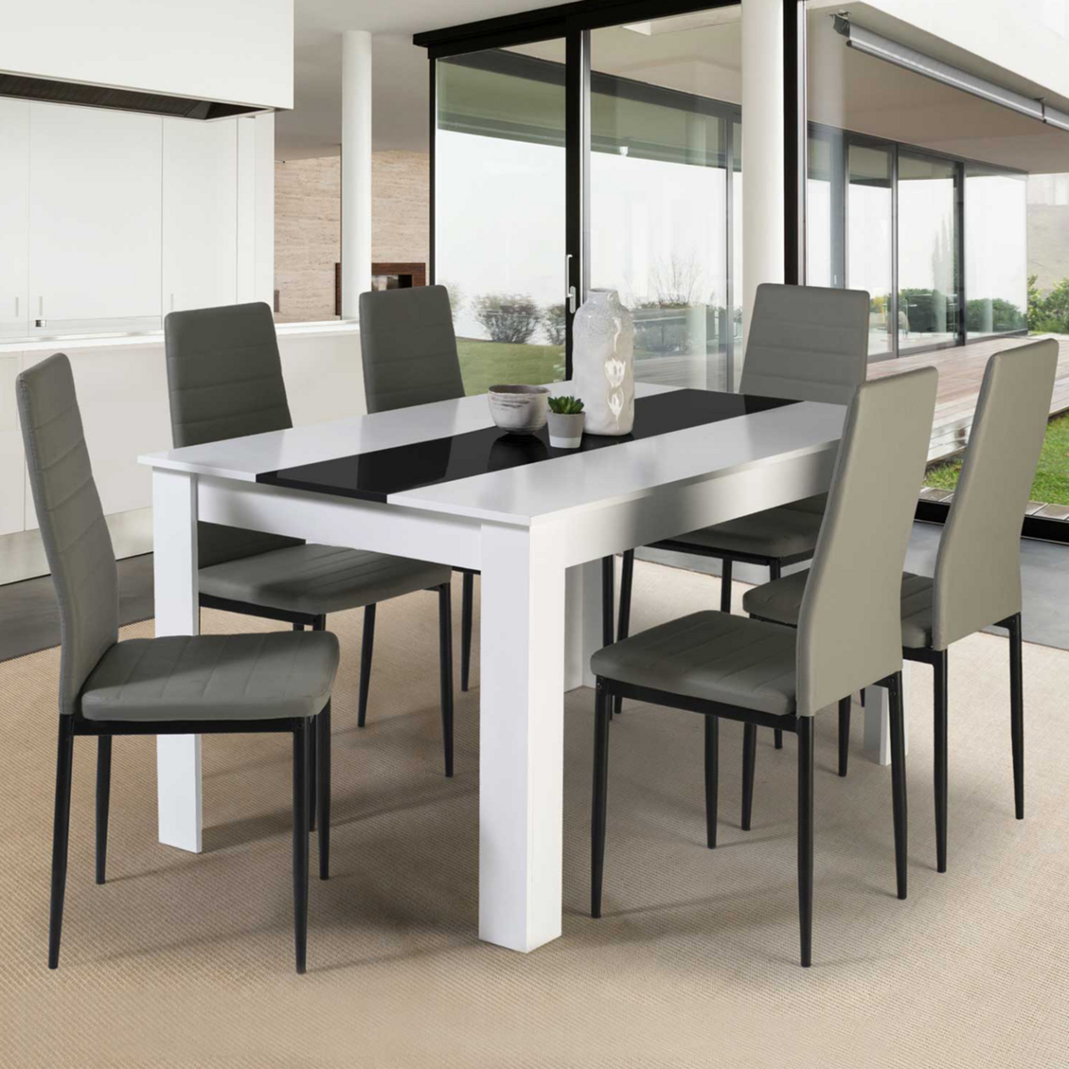 ID MARKET Table à manger rectangle GEORGIA 6 personnes blanche et noire 140 x 90 cm