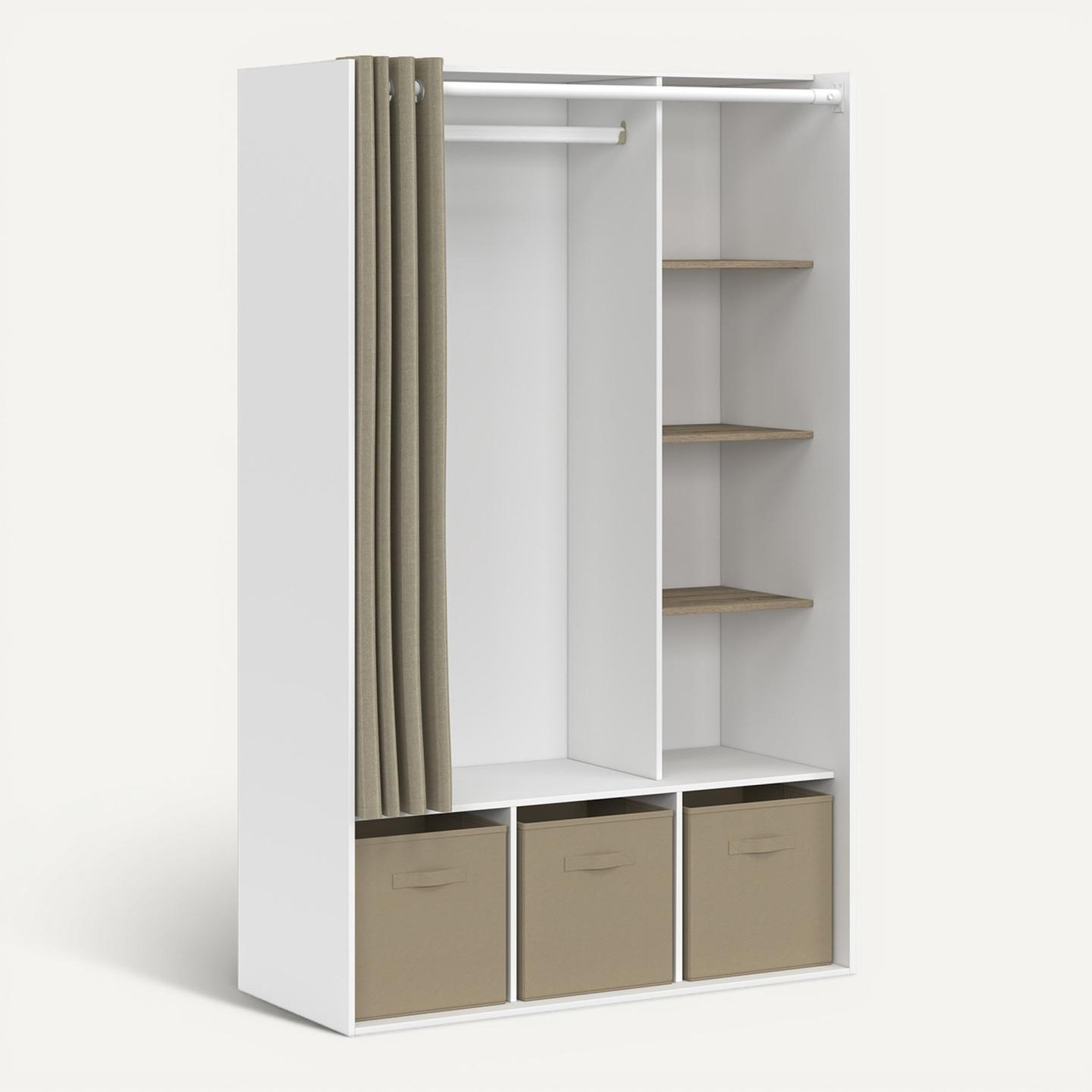 Voir la diapositive 6 : ID MARKET Dressing penderie diane 105 x 45 x 167 cm blanc avec étagères + boites de rangement + rideau taupe