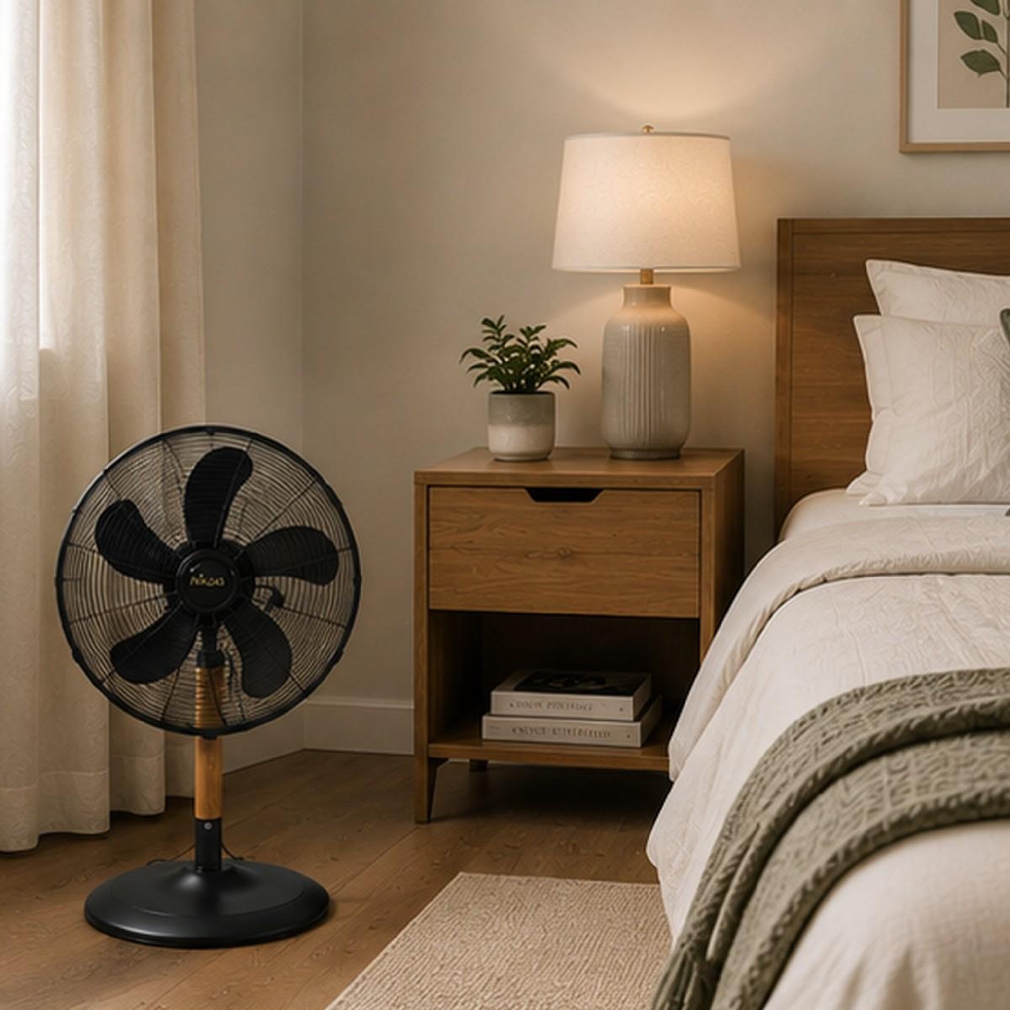 Voir la diapositive 6 : NIKLAS Ventilateur 60w mat en bois - ventilateur 3 vitesses hauteur 76cm tête réglable niklas