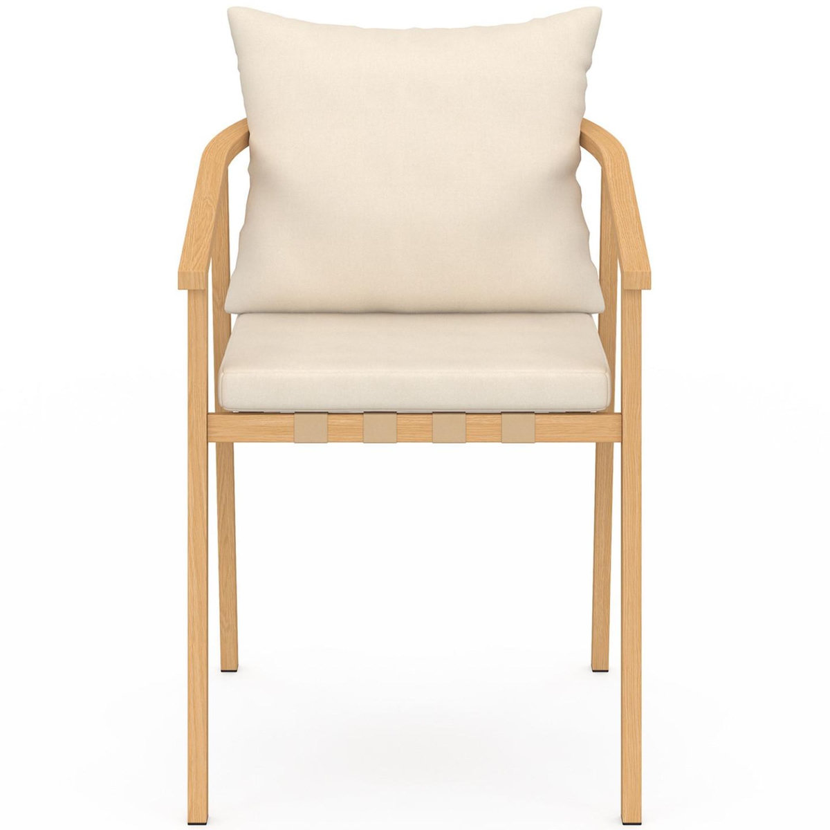 ID MARKET Salon de jardin SOLAL table ronde 120 cm avec pied lattes en métal et 6 chaises de jardin avec lanières et coussins beiges
