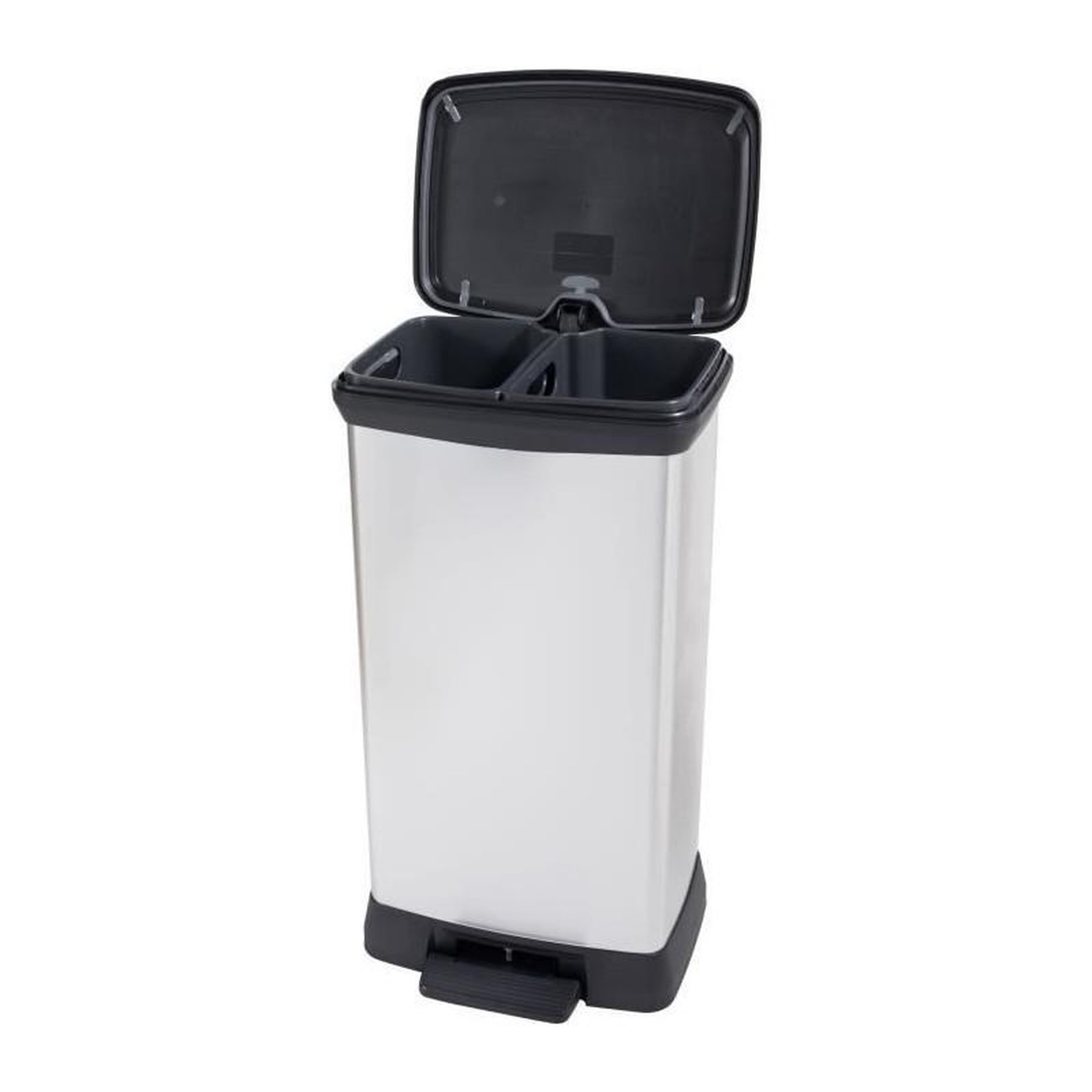 Voir la diapositive 2 : CURVER Poubelle Duo Rectangle - DECO BIN - CURVER - 46L (23+23L) - Double compartiment - 39 x 29 x 72 cm - Gris métallisé